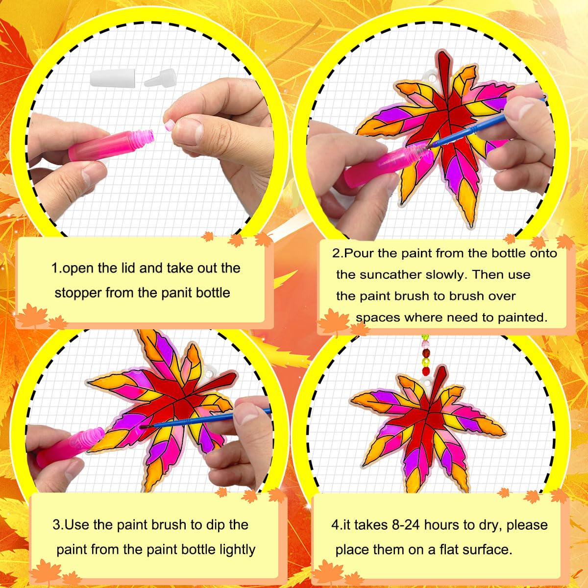 Suncatcher Kit 32 Sets Fall Leaf Suncatchers Window Art Paint Sun Catcher DIY Craft Kits Autumn Maple Leaf Sun Catchers Bulk for Classroom Thanksgiving Harvest Party Art Project Decoration AUEKIV