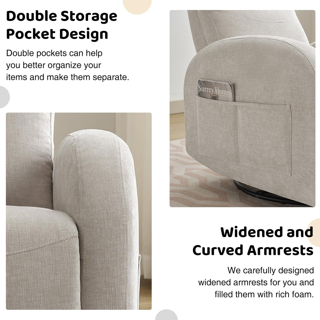 AEMEIOS Nursery Swivel Rocker Recliner, Manual Nursering Glider Recliner, Chenille Swivel Rocking Nursery Recliners with Double Pockets for Living Room, Camel AEMEIOS
