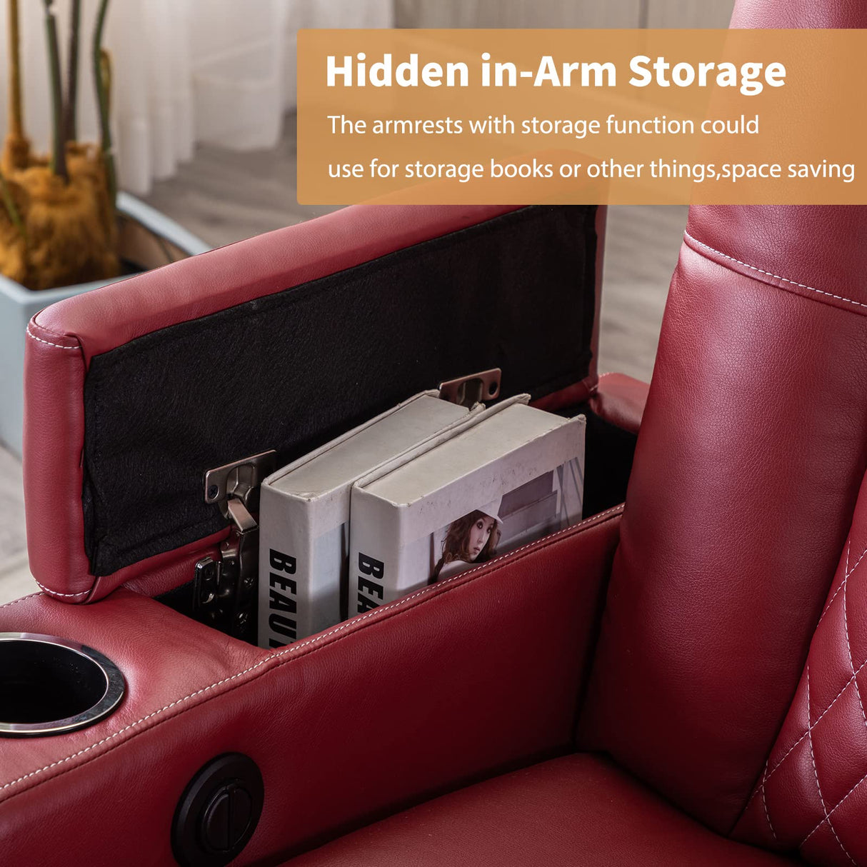 ANJ Electric Power Recliner Chair Soft Leather Reclining with USB Ports and Cup Holders, Red Home Theater Seating with Hidden Arm Storage Movie & Media Room Chairs ANJ