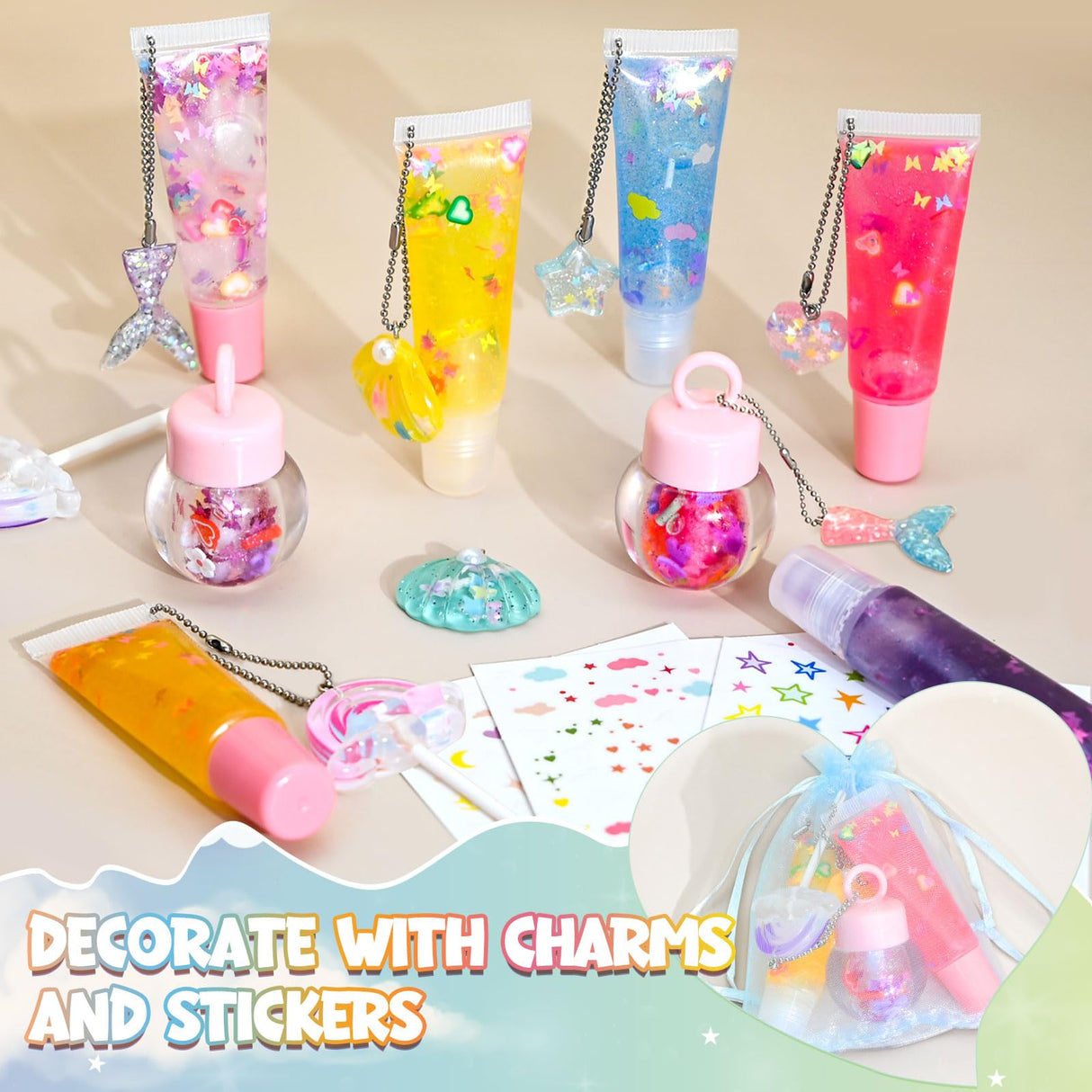 Jcoos Lip Gloss Making Kit - 73PCS Keychain DIY Lip Gloss, Shimmery Moisturizing Lip Glaze Handmade Set, Fun Craft Kit for Beginner, Women, Kids, Tween, Preteen, Teens Girl Gifts Trendy Stuff Jcoos