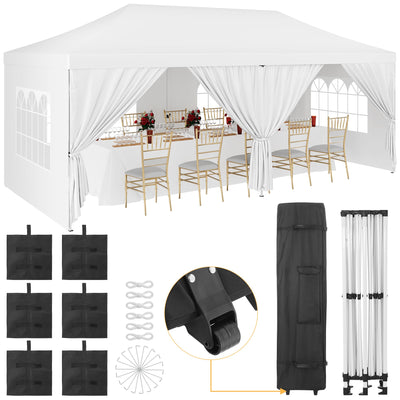 GarveeLife Upgraded 10x20 Pop Up Canopy Tent with 6 Removable Sidewalls, Commercial Heavy Duty Pop Up Canopy Tents for Parties, Roller Bag, Upgraded Thickened Legs, 6 Sand Bags, 18 Stakes, White