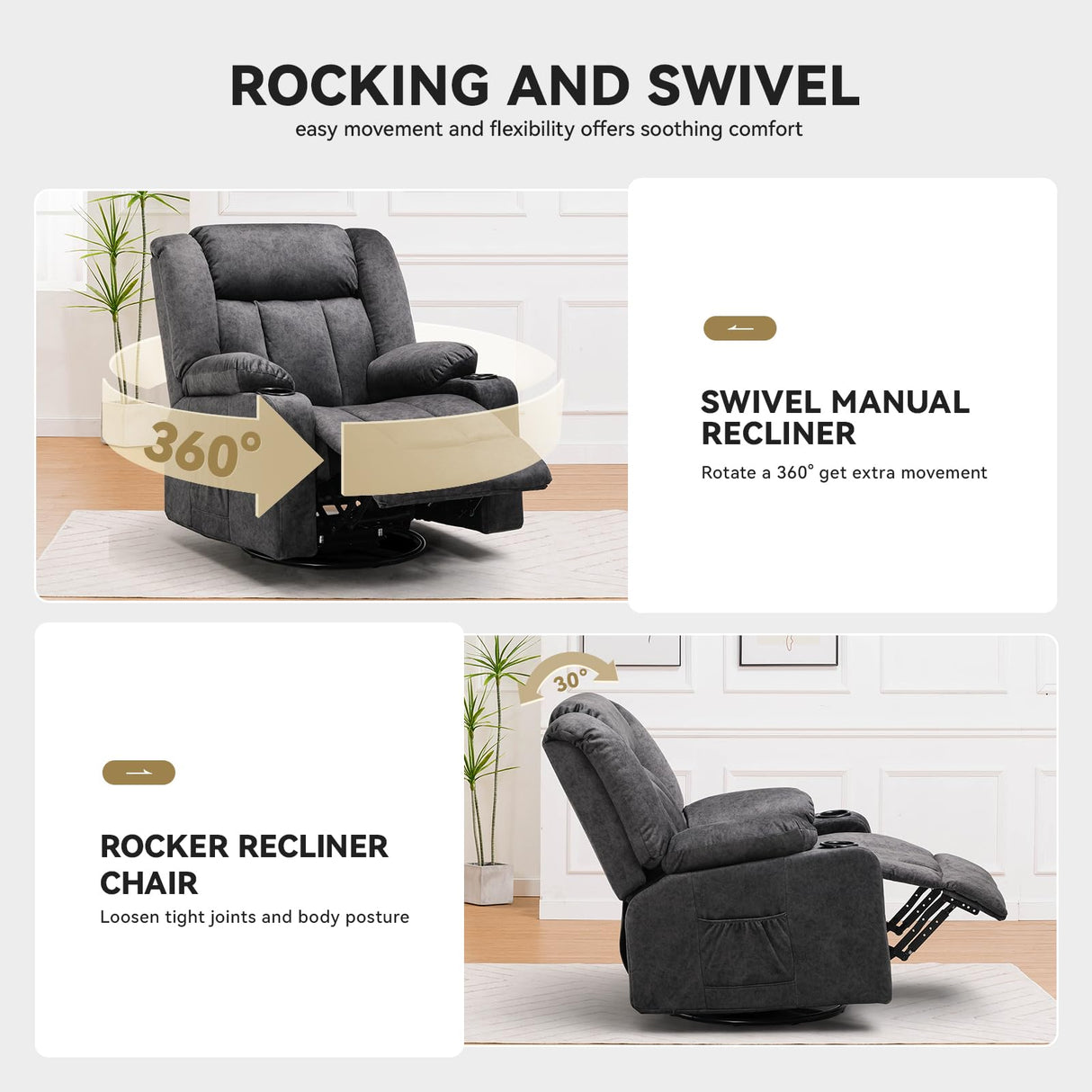 COMHOMA Manual Recliner Chair Set,Fabric Reclining Sofa Chair with Cup Holders, Upholstered Recliner with Side Pockets Suitable for Living Room Furniture (3+2+1) COMHOMA