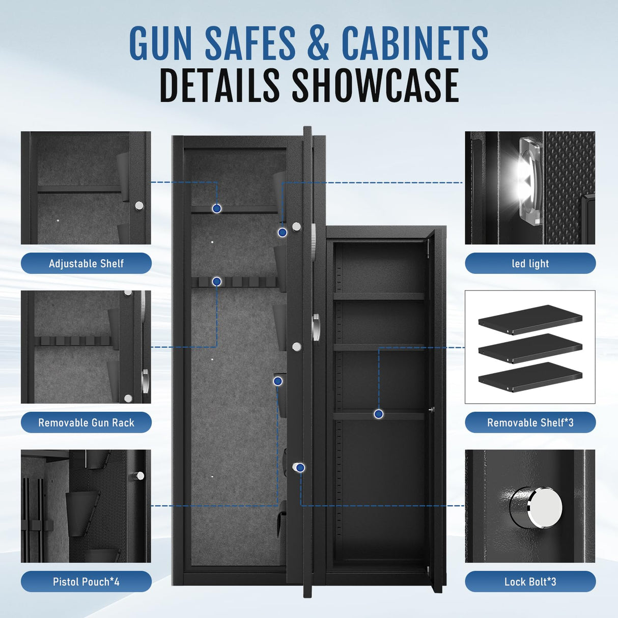 KAER 8-10 Gun Safe, Large Gun Safe for Rifles and Pistols, Quick Access Home Gun Rifle Safe and Storage Gun Locker Cabinet with 4 Pistol Pouches and Removable Shelf for Shotgun, Firearm, Ammo KAER