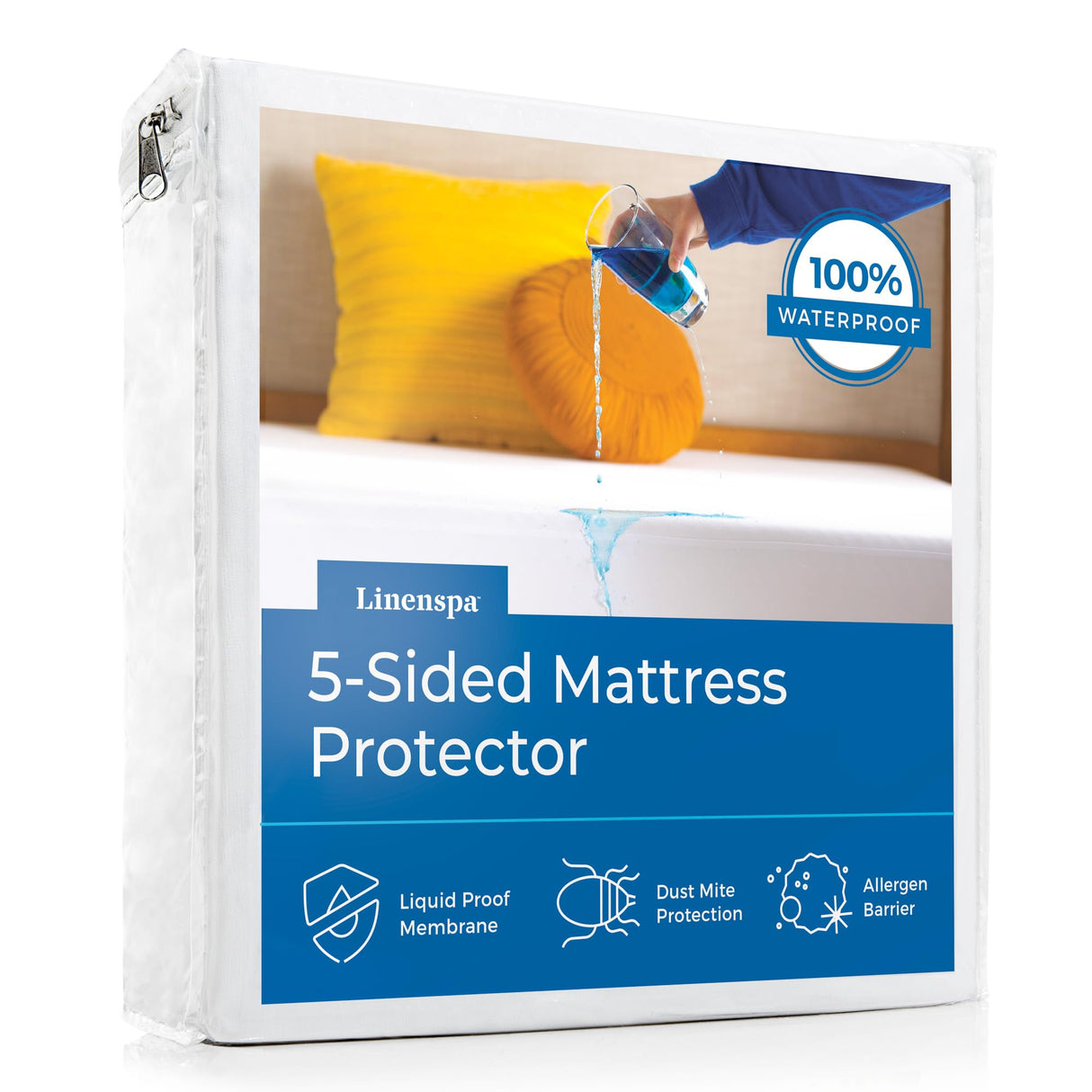 LINENSPA Premium 5-Sided Waterproof Mattress Protector – Breathable and Hypoallergenic – Fitted Sheet Style & Machine Washable – King Size Mattress Protector, White Linenspa
