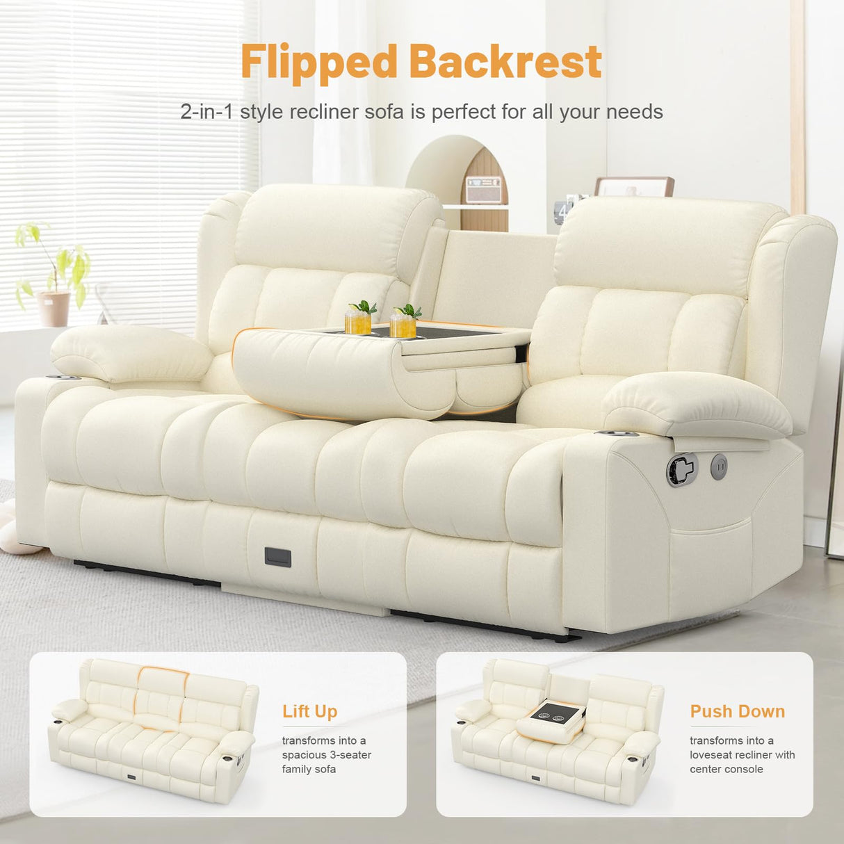 Dresegmt Loveseat Recliner Sofa, Flip Middle Backrest Design PU Leather 3 Seat Reclining Sofa with Storage Drawer, Manual Couch for Living Room (Ivory White, PU) Dresegmt