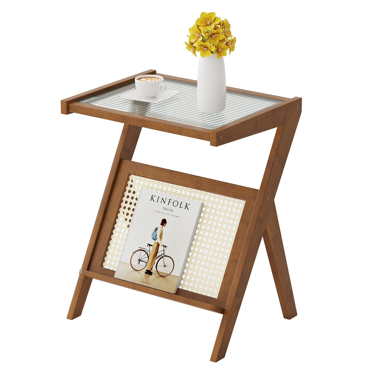 FILWH Bedside Table Side Table End Table Glass Small Table Bamboo Faux Rattan Computer Desk Bedroom Coffee Table with Storage for Study Living Room Bedroom Outdoor (Small 17.7") FILWH