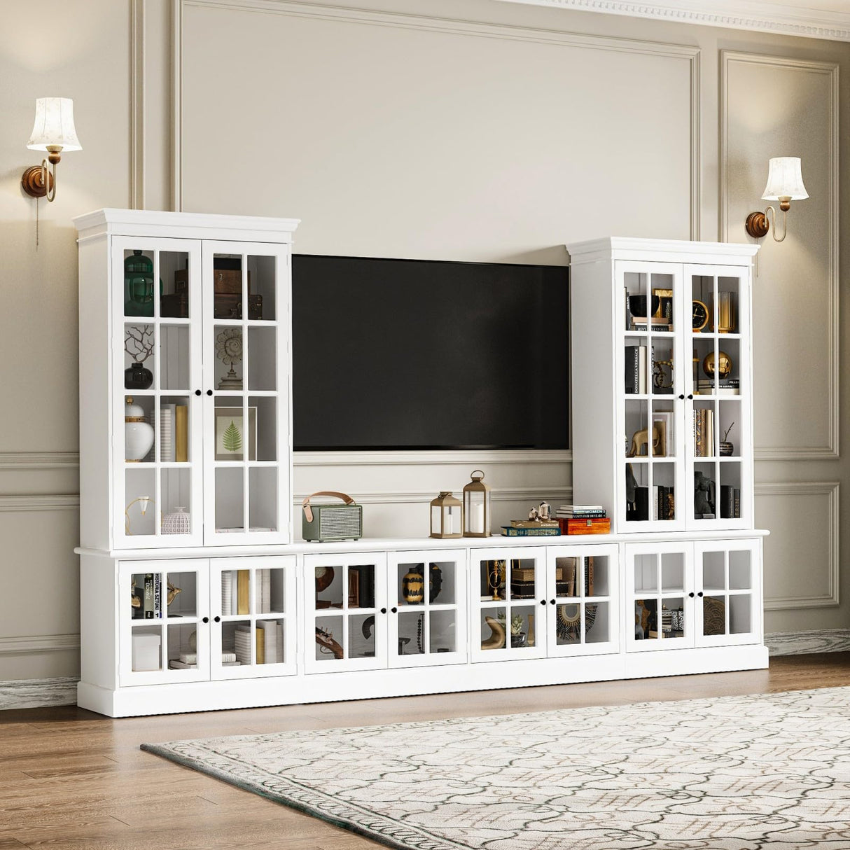 JOIKUJIA 125” Wall Units TV Stand with Glass Doors, Large Entertainment Center with Bookshelves, Modern Media Center with Storage, White, 125.2”W x 15.7”D x 76”H JOIKUJIA