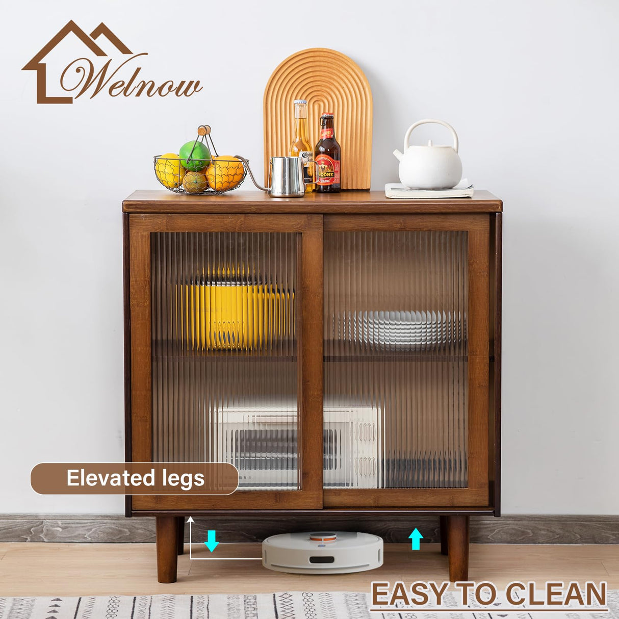 Welnow Buffet Cabinet, Bamboo Sideboard with Storage Kitchen Display Cabinet with 2-Tier Shelves Boho Coffee Bar Tables for Kitchen, Living Room, Entryway, Office, Walnut Welnow