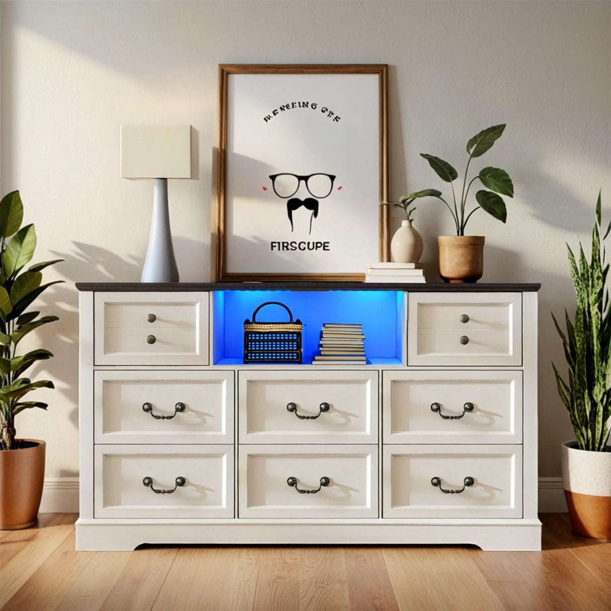 Homkdom White Dresser for Bedroom with Charging Station & Led Lights,55.02" TV Stand with 8 Drawers,Dressers & Chests of Drawers with Open Shelves,Hallway 55.02" W x 34.53" H x 15.77" D White Homkdom