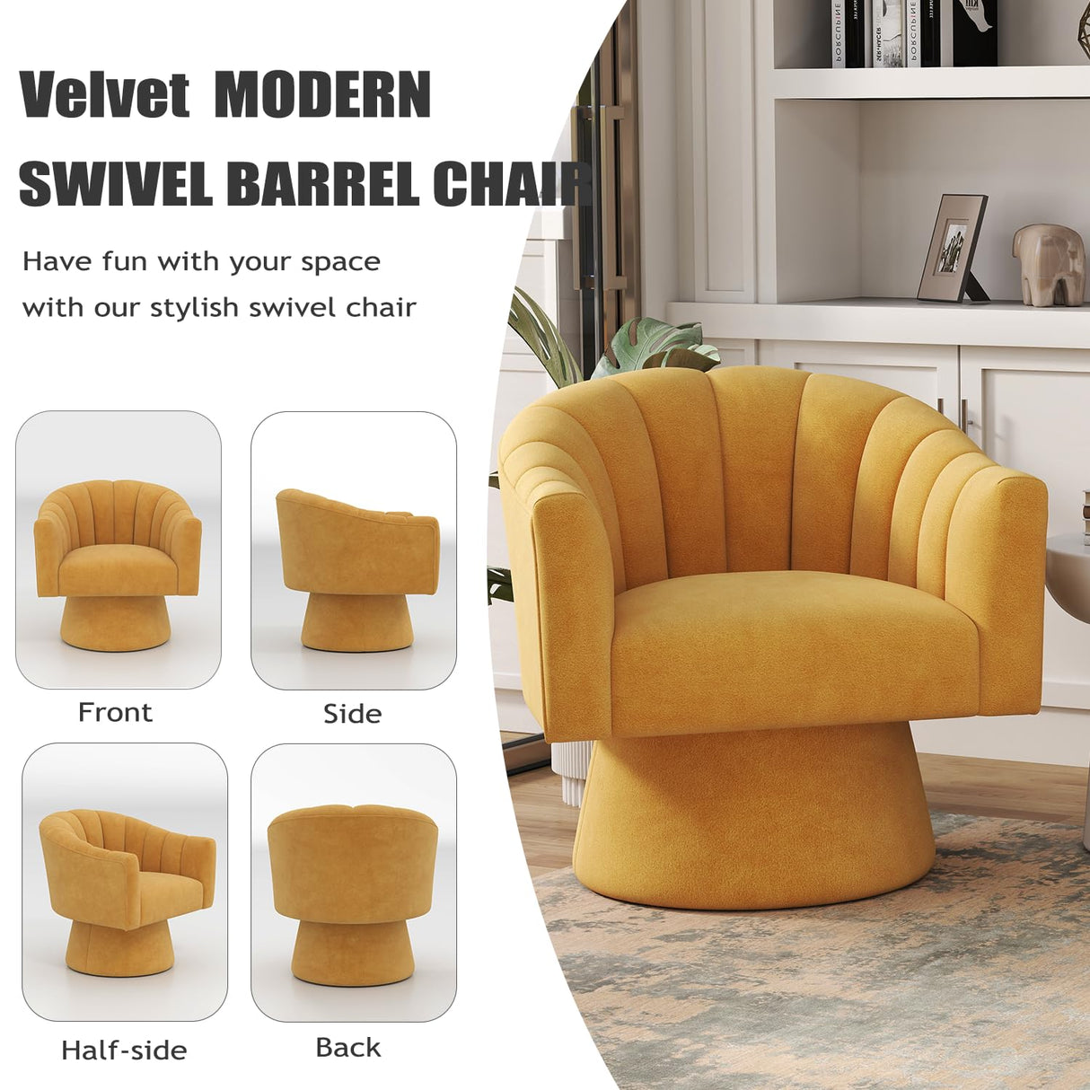 Swivel Accent Chair,Upholstered Velvet 360° Swivel Barrel Chair for Living Room Overstuffed Bouncle Reading Chair Round Armchair for Bedroom,Vanity,Office(Mustard) SEYNAR