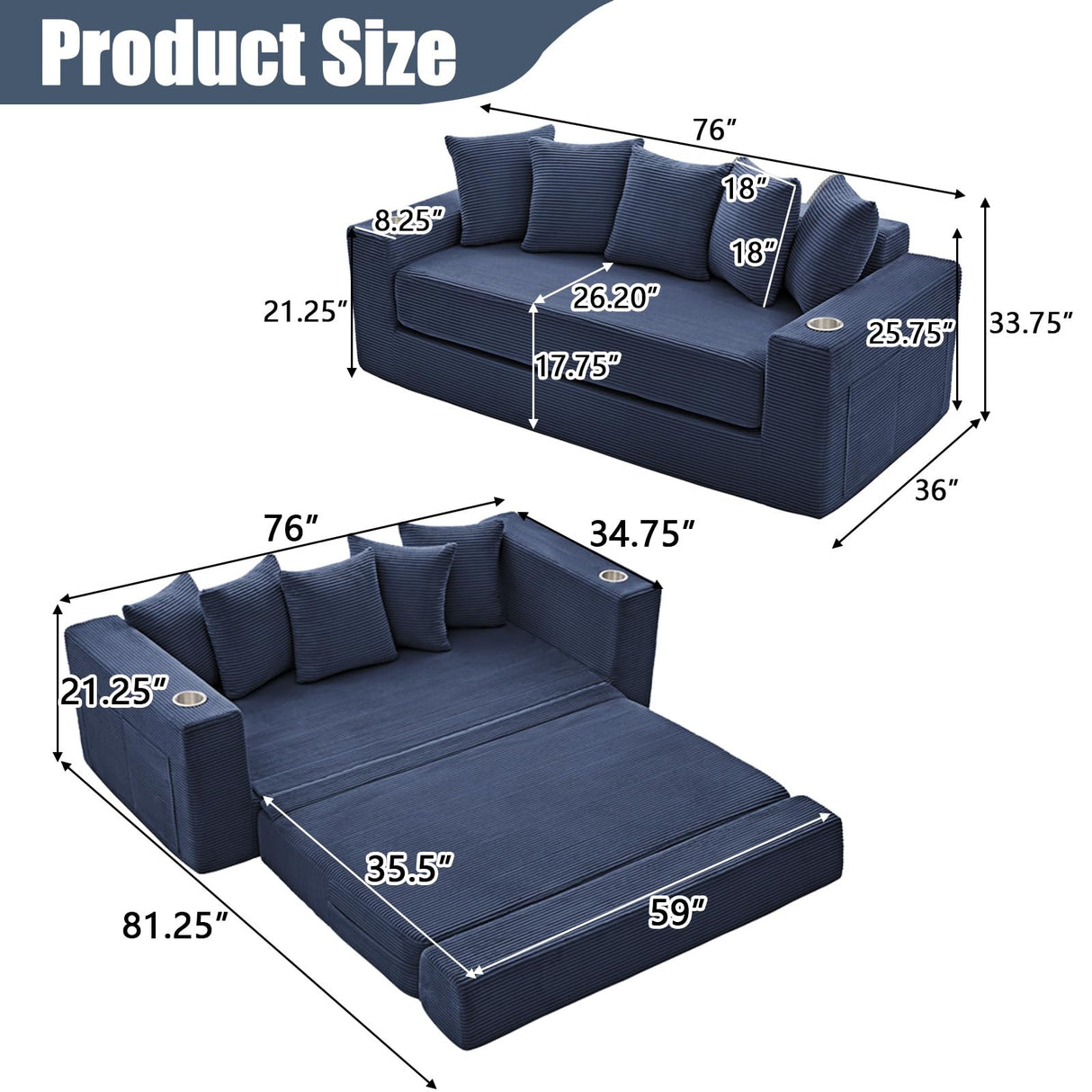Anwick 2-in-1 Convertible Sleeper Sofa Bed, Corduroy Boneless Loveseat Cloud Couch for Living Room, Compressed Sofa in a Box, 5 Pillows, Fixed Frames, Side Pockets & Cup Holders, No Assembly (Blue) Anwick