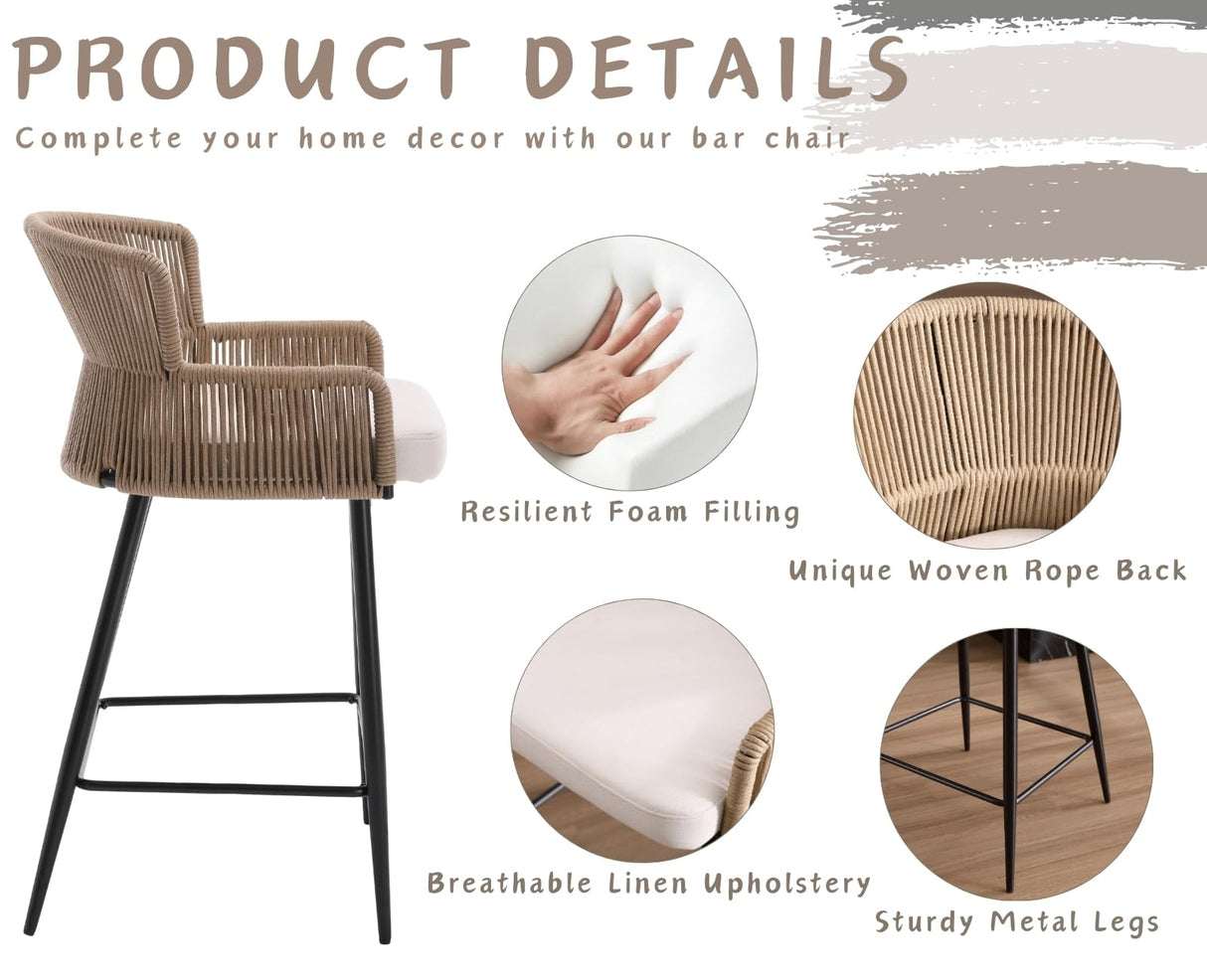 ROCITY Woven Counter Height Bar Stools Set of 2 Beige Linen Counter Stools 26 Inch Farmhouse Barstools with Wicker Back Comfy Upholstered Rattan Bar Chairs for Kitchen Island/Patio Garden ROCITY