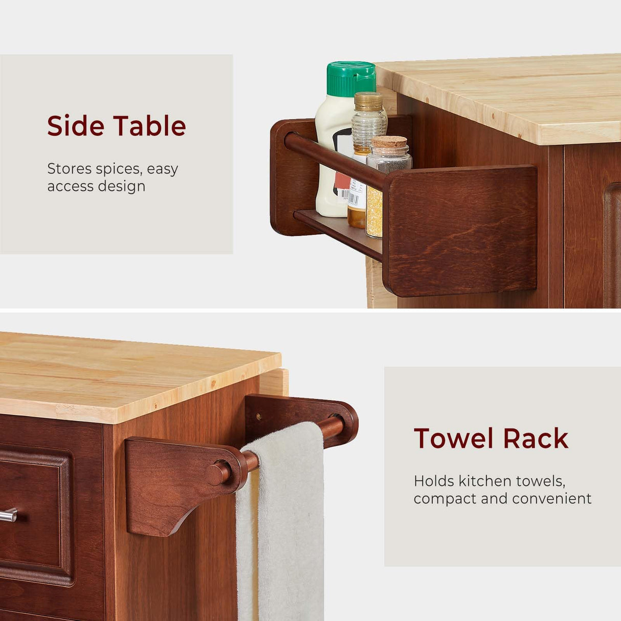 Lyromix Walnut 54" Rolling Kitchen Island Cart with Storage, Large Kitchen Cart with Folding Drop Leaf Breakfast Bar, Wood Island Table for Kitchen with 3 Drawers and Spice Rack & Towel Rack, Brown Lyromix