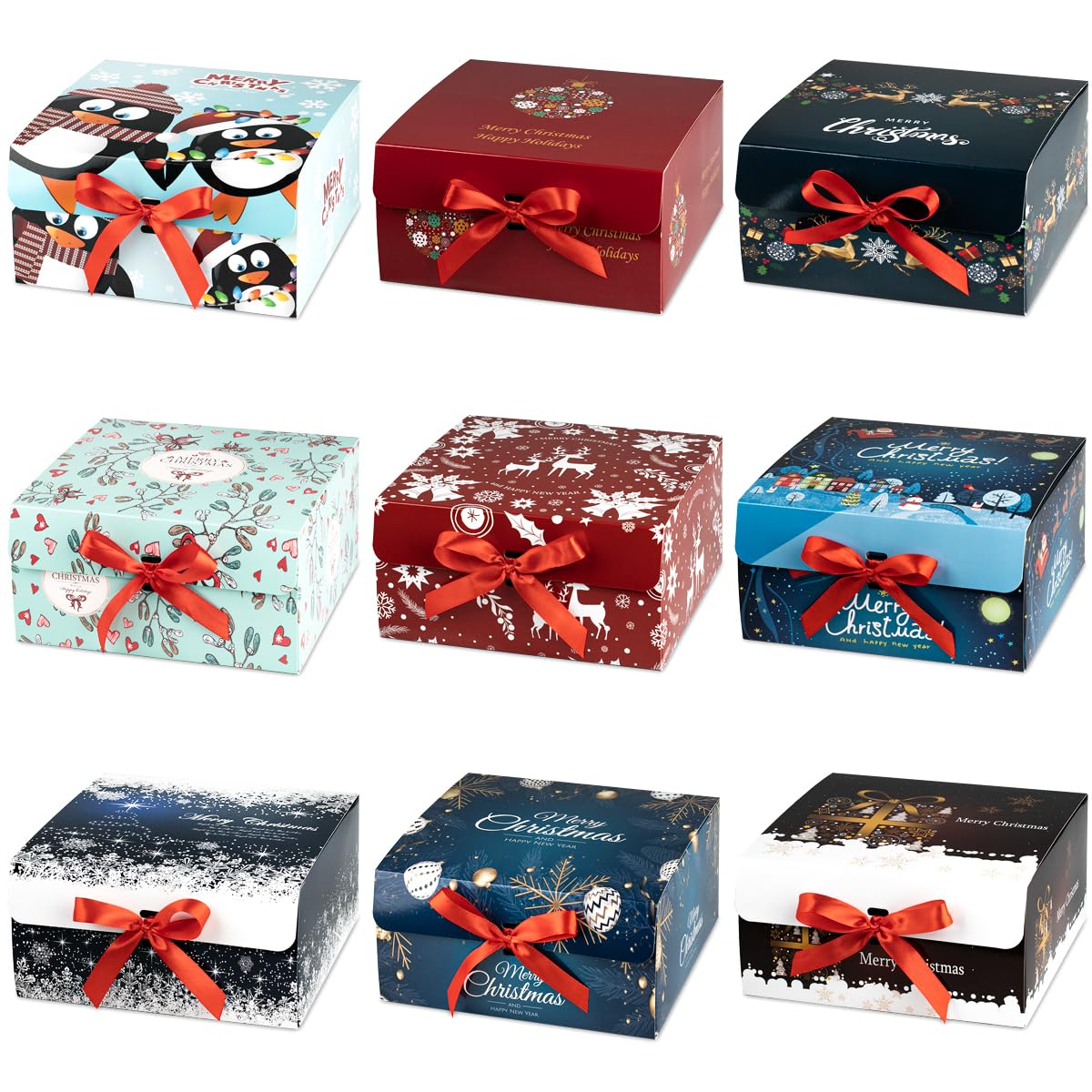ARTLYMERS Christmas Gift Boxes with Lids, 9 Pack Gift Box and Red Ribbon Christmas Themed Pattern Small Gift Boxes for Xmas Presents Gifts Easy Assemble ARTLYMERS