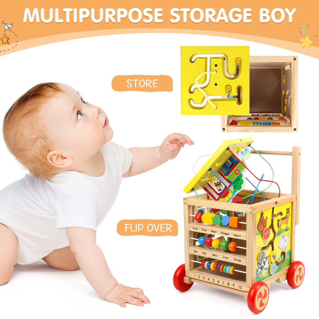 Wooden Activity Cube 6 in 1 Montessori Toys Educational Learning Sensory Toys for 1 Year Old 12-18 Months Boys Girls First Birthday Gifts for Baby Toddler Toys Age 1-2 Bead Maze Shape Sorter Abacus KABENFIS