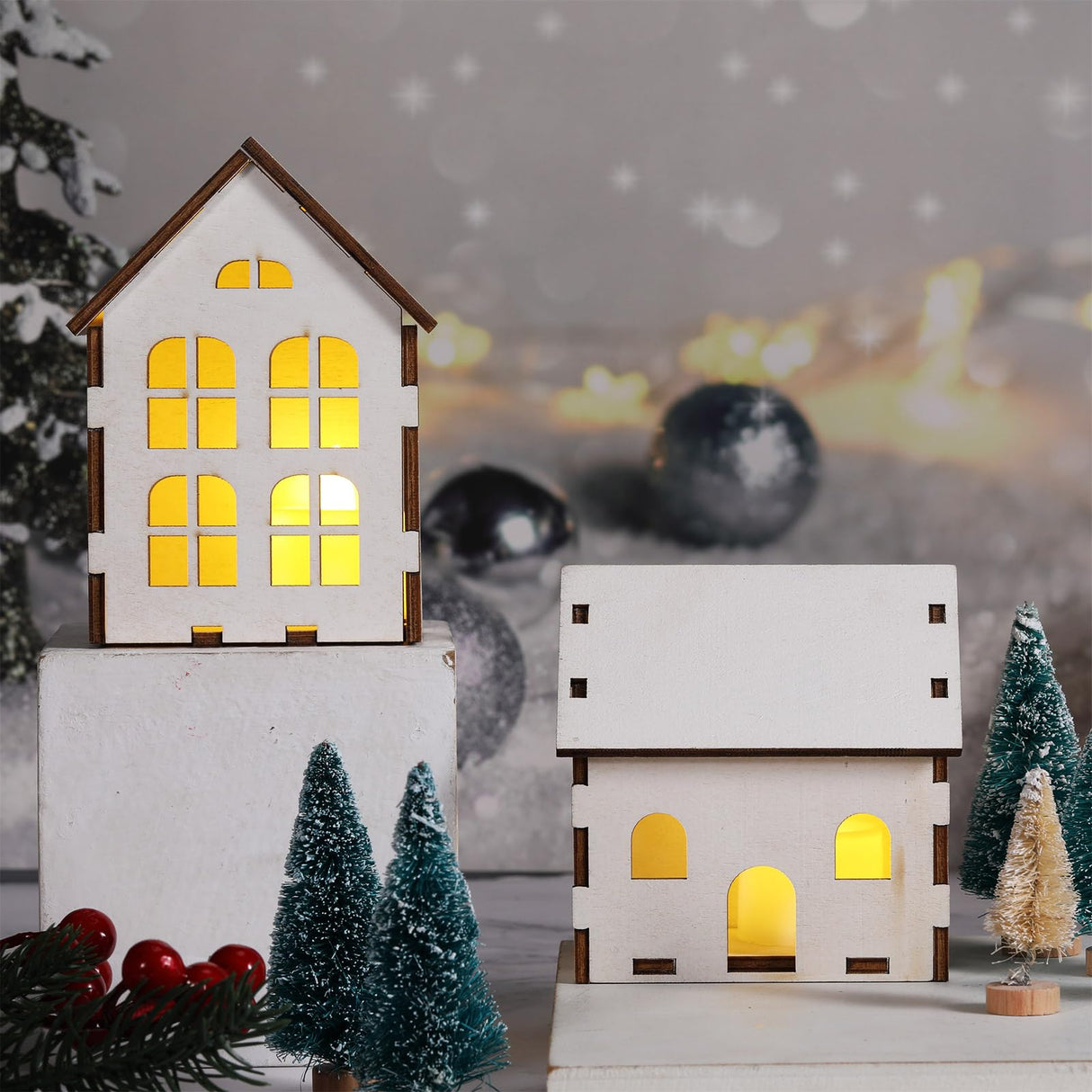 Hiboom 12 Pcs DIY Christmas Village Sets Wood Village Houses Christmas Mini Wooden House Gift for Winter Xmas Party Decorations Hiboom