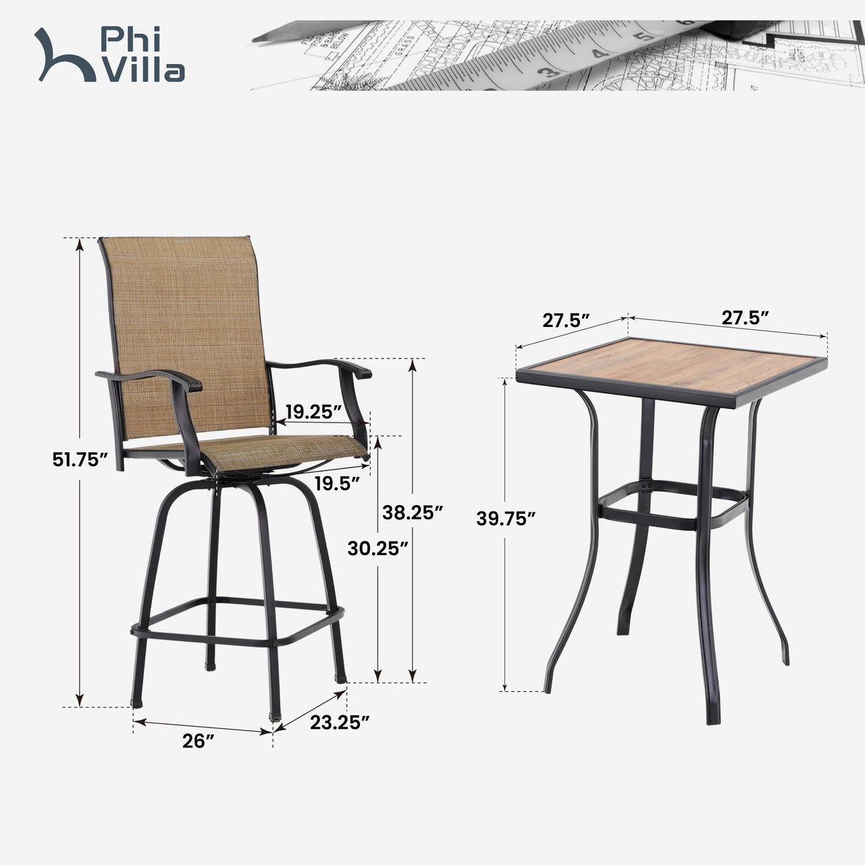 PHI VILLA Outdoor Patio Swivel Bar Set of 11, Textilene Bar Height Chair with Armrest and Wood Like Bar Table, All-Weather Furniture Set for Garden Lawn PHI VILLA