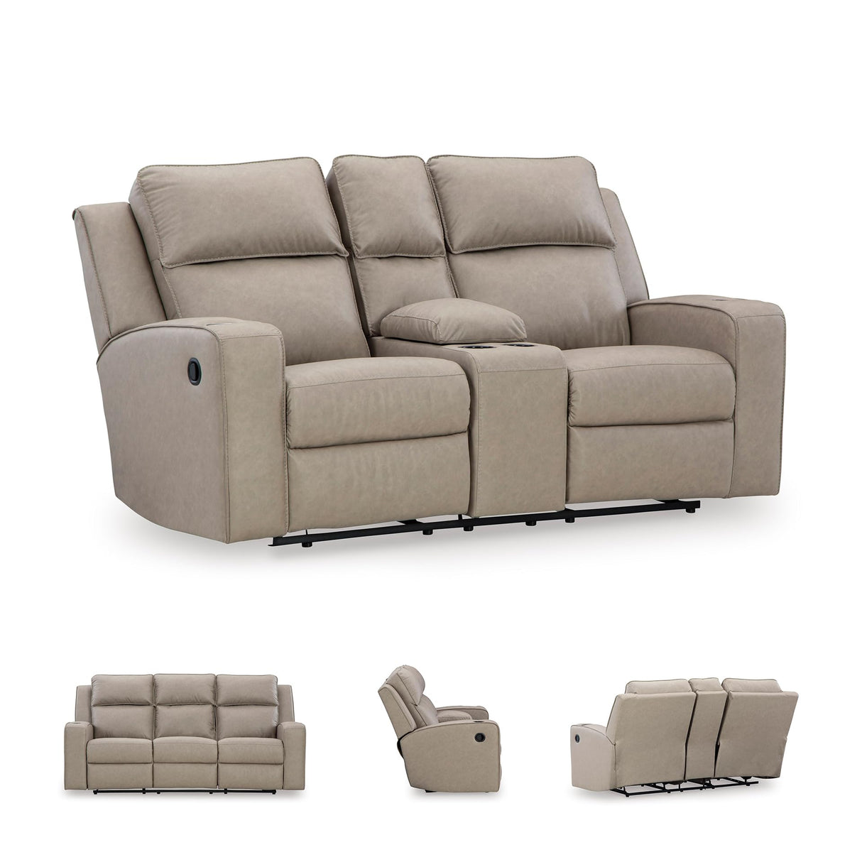 Signature Design by Ashley Lavenhorne Contemporary Faux Leather Manual Reclining Loveseat with Console and Cup Holders, Beige Signature Design by Ashley