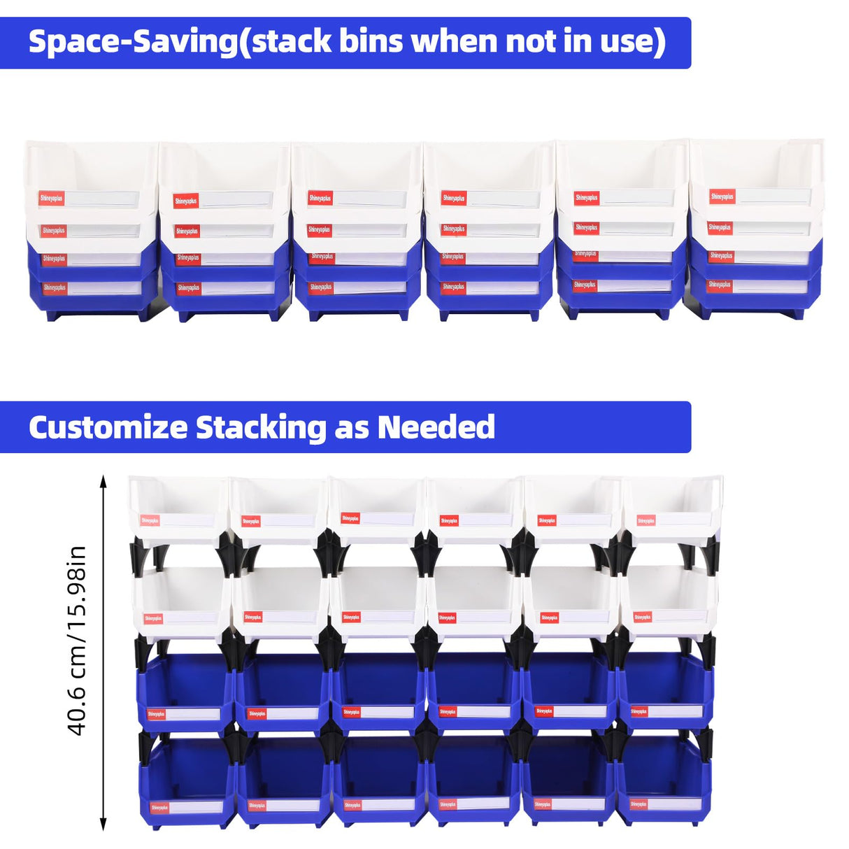 Shineyaplus Stackable Storage Bins 24 Pack (5x4x3 Inch), Plastic Stackable Storage Organizer Bins Wall Mounted Hanging Small Parts Bin for Garage, Workbench & Office (Blue & White) Shineyaplus