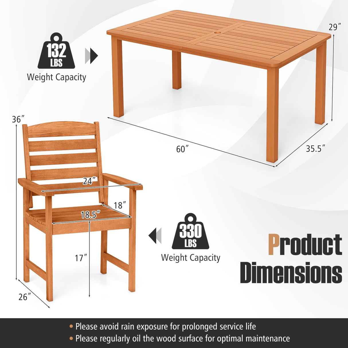 Tangkula 7 Pieces Outdoor Dining Set for 6, Patio Solid Wood Slatted Rectangular Dinner Table and Armchairs Set w/Umbrella Hole, Teak Oil Finish, for Lawn, Deck, Yard, Porch and Poolside Tangkula