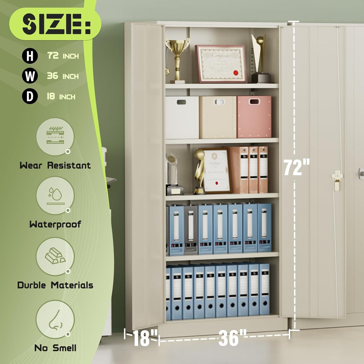 SUNCROWN Metal Storage Cabinets, 72”Locking Cabinet with 2 Doors and 4 Adjustable Shelves, Steel Utility Tool Garage Cabinets,Tall Metal Lockable File Cabinet for Office,Home, Gym, School, Ivory SUNCROWN