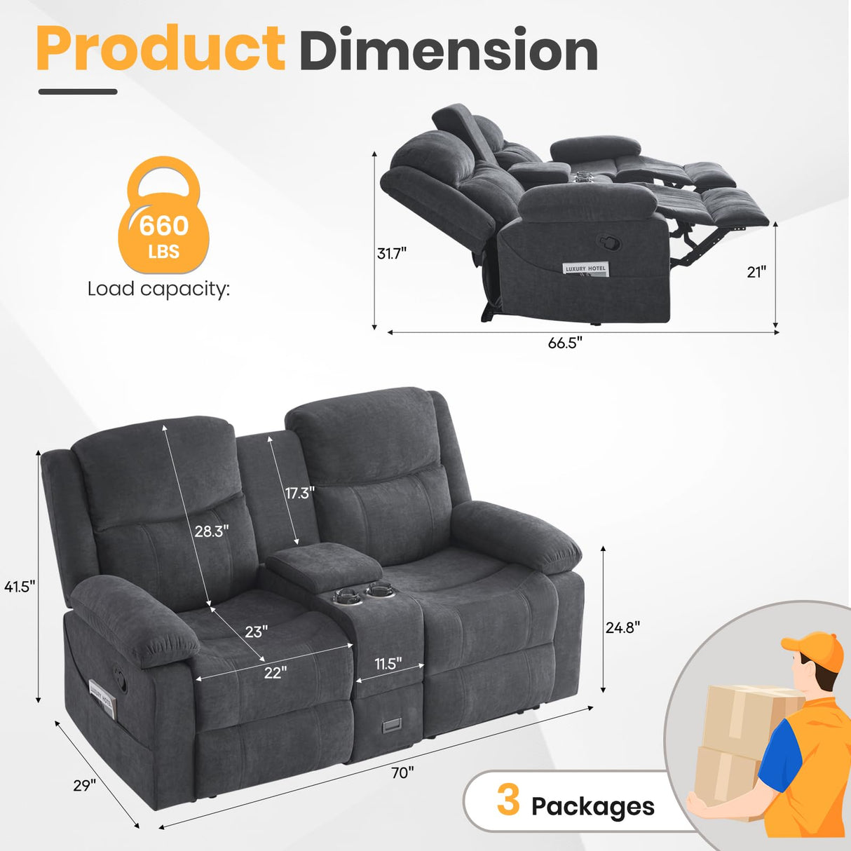 RIHEREFY Loveseat Recliner Sofa with Massage & Heating, Reclining Loveseat with Console, RV Wall Hugger Double Loveseat Recliner Couch for Living Room & Home Theater (Chenille-Grey) RIHEREFY