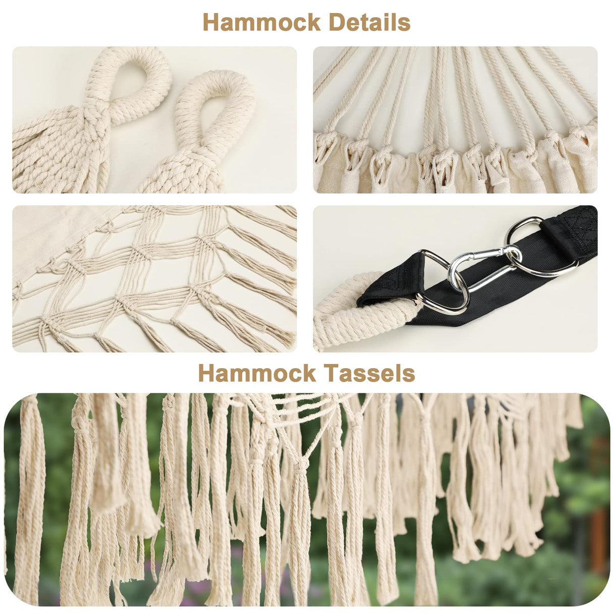 Bellzacasa Double Hammock, Heavy Duty 500 lb Load Capacity Tassels and Fishtail Knitting with Mounting Straps for Outdoor Camping Patio Balcony Beige Bellzacasa
