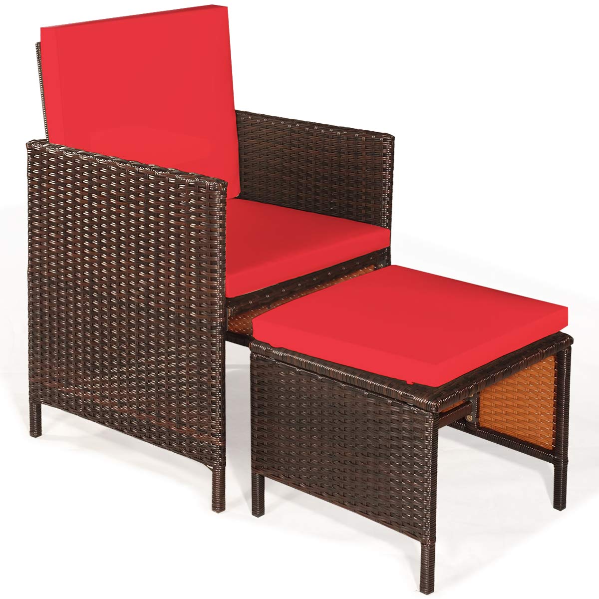 COSTWAY 9PCS Patio Rattan Dining Set Cushioned Chairs Ottoman Wood Table Top Red COSTWAY