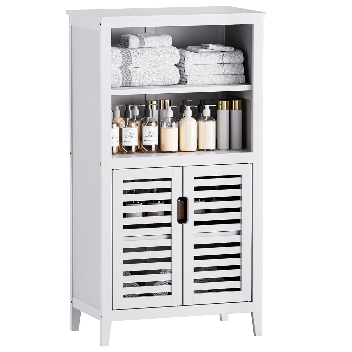 HITNET White Bathroom Cabinet, Bamboo Storage Cabinet Freestanding, Side Tall Storage Organizer for Kitchen Living Room Entryway HITNET