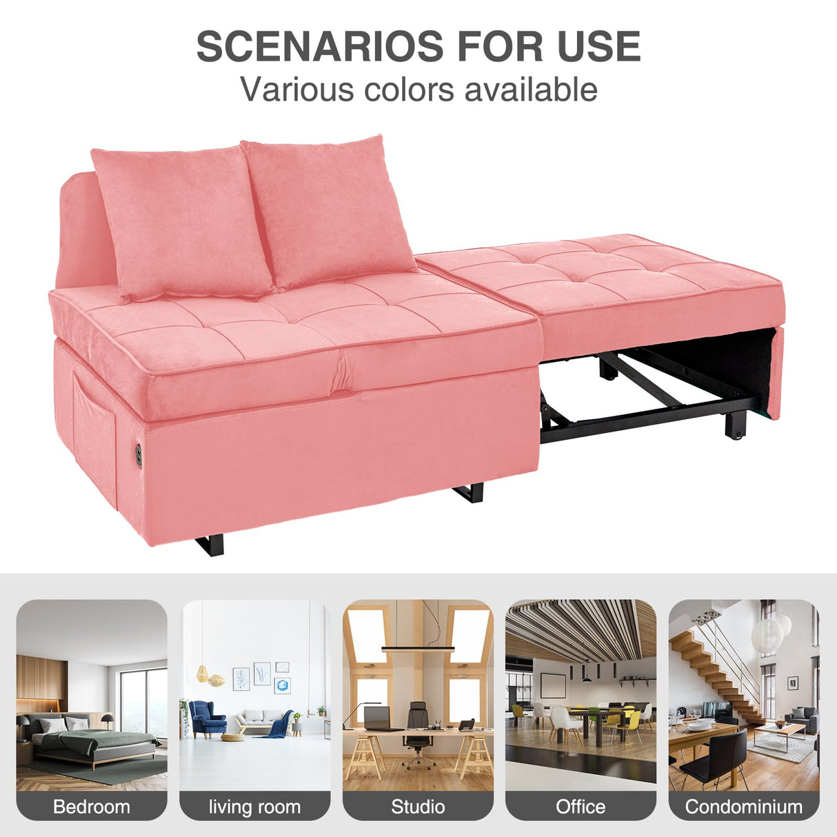 Convertible Sofa Bed 4-in-1 Velvet Sleeper Sofa Chair Bed Pull Out Futon Couch Bed with USB Ports 5 Adjustable Backrest and Pillow Fold Out Ottoman Bed loveseat Sofa for Adults Living Room, Pink FiveWillowise