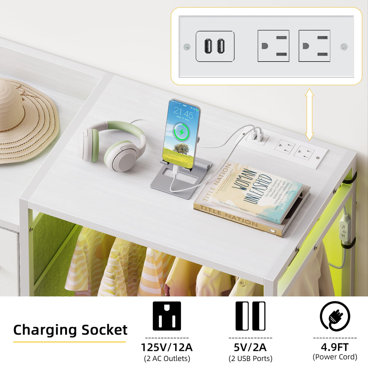 HIGDBFE Dresser with Hanging Rack, 8-Drawer Dresser for Bedroom with Charging Station & LED Lights, White Kids Dresser with Clothes Rack&Shoe Rack, Chest of Fabric Drawers for Bedroom, White HIGDBFE