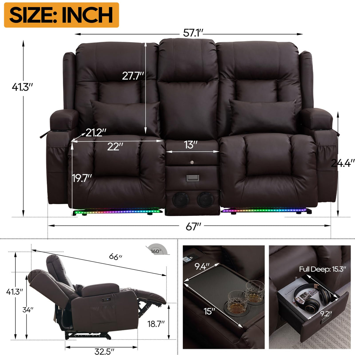 IPKIG Power Loveseat Recliner - 67" Reclining Loveseat 2-Seater Recliner Sofa with Console, 4 Colors LED Strip, AC Outlets, USB-A/C Ports and Cup Holders for Living Room Home Theater (Brown, 2-Seater) IPKIG