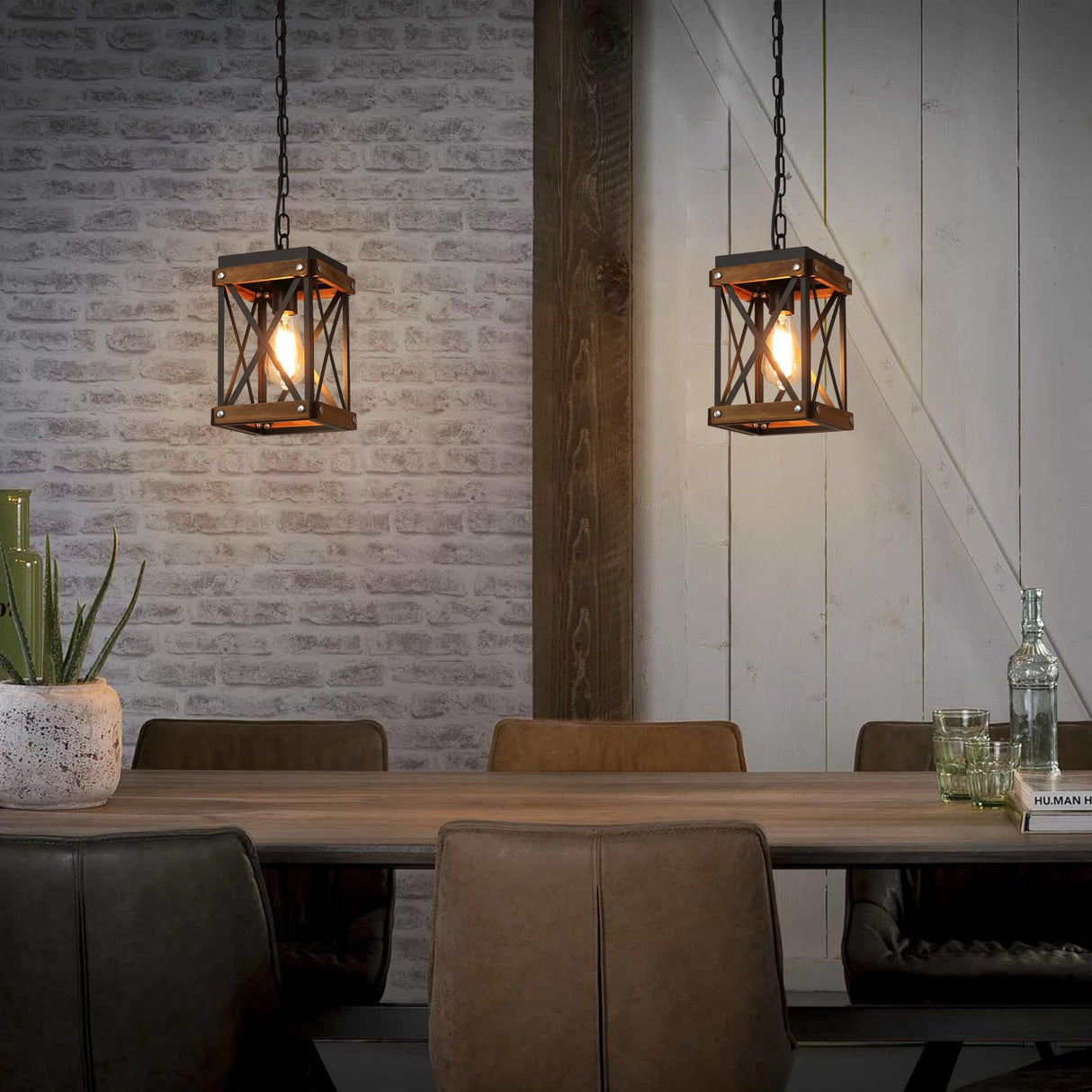 2 Pack Rustic Farmhouse Wood Pendant Light Fixture One-Light Adjustable Chain Oak Wood and Metal Lantern Cage Small Pendant Lighting for Kitchen Island Sink Hallway Farmhouse Bathroom Bar, Black RKUCSR