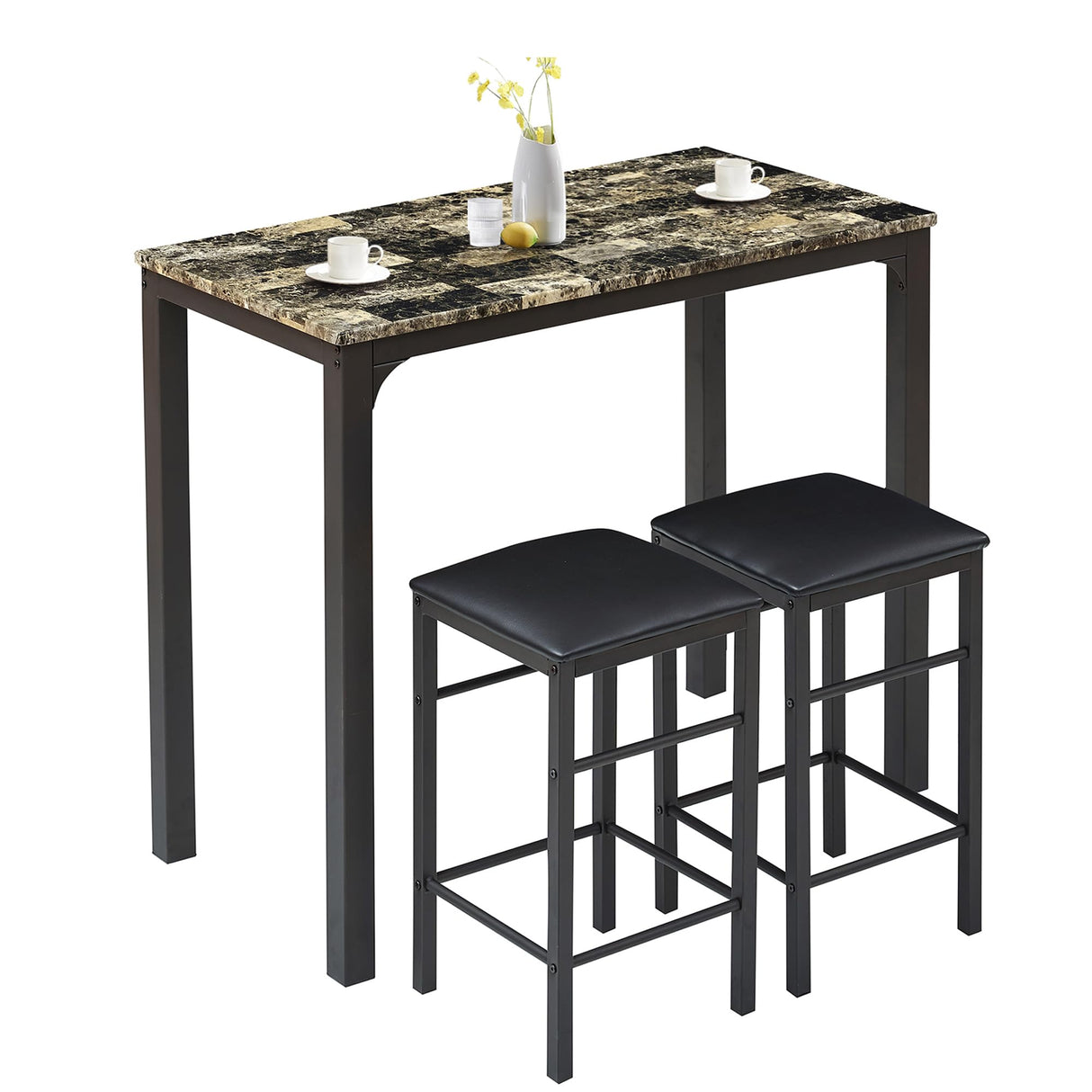 VECELO 3-Piece Bar Table and Chairs Set, 36" Rectangular Counter Height Dining Sets for Kitchen Bistro Restaurant Small Space Breakfast Nook, Brown and Black VECELO
