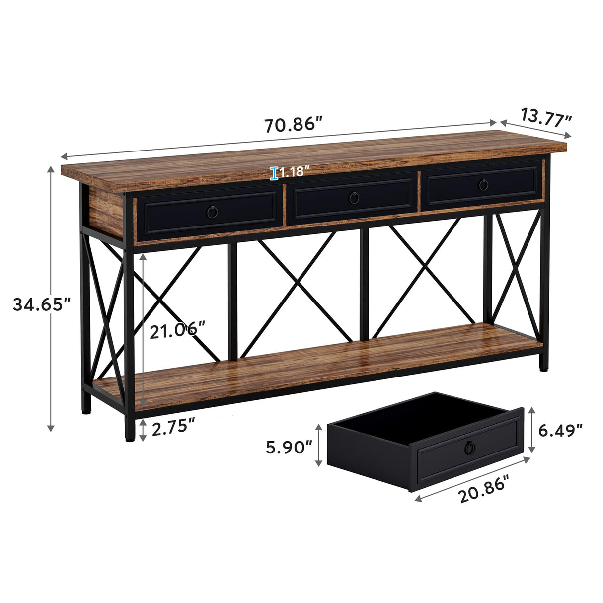 Tribesigns 70.8" Console Table with 3 Drawers, Farmhouse Entryway Table with Storage Shelf, Narrow Long Sofa Foyer Table for Entryway, Hallway (Brown/Black) Tribesigns