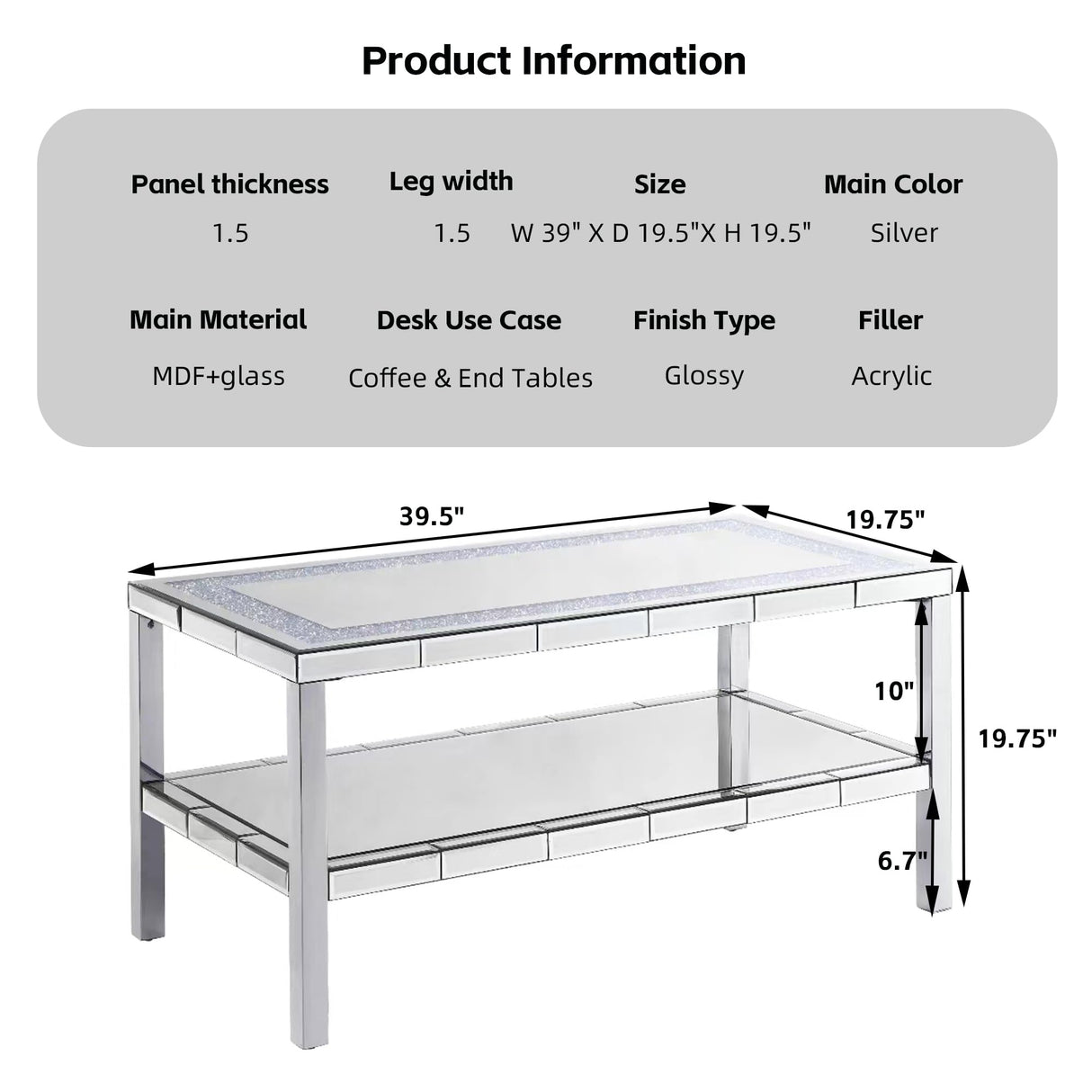 Olodumare Elegant 2 Tiers of Shiny Silver Mirrored Coffee Table, Crystals Inlay,and Stainless Steel Frame,Modern Rectangle Cocktail Table/End Table for Living Room and Kitchen, 35 Inches Olodumare