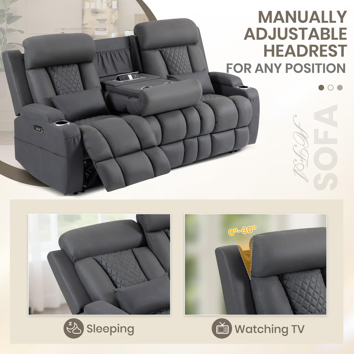 CALIVIA Wall Hugger Power Reclining Sofa with Manual Adjustable Headrests, Electric Recliner Couch with Drop-Down Table, Power Recliner Sofa 3-Seater with Charging Ports for Living Room (Grey) CALIVIA