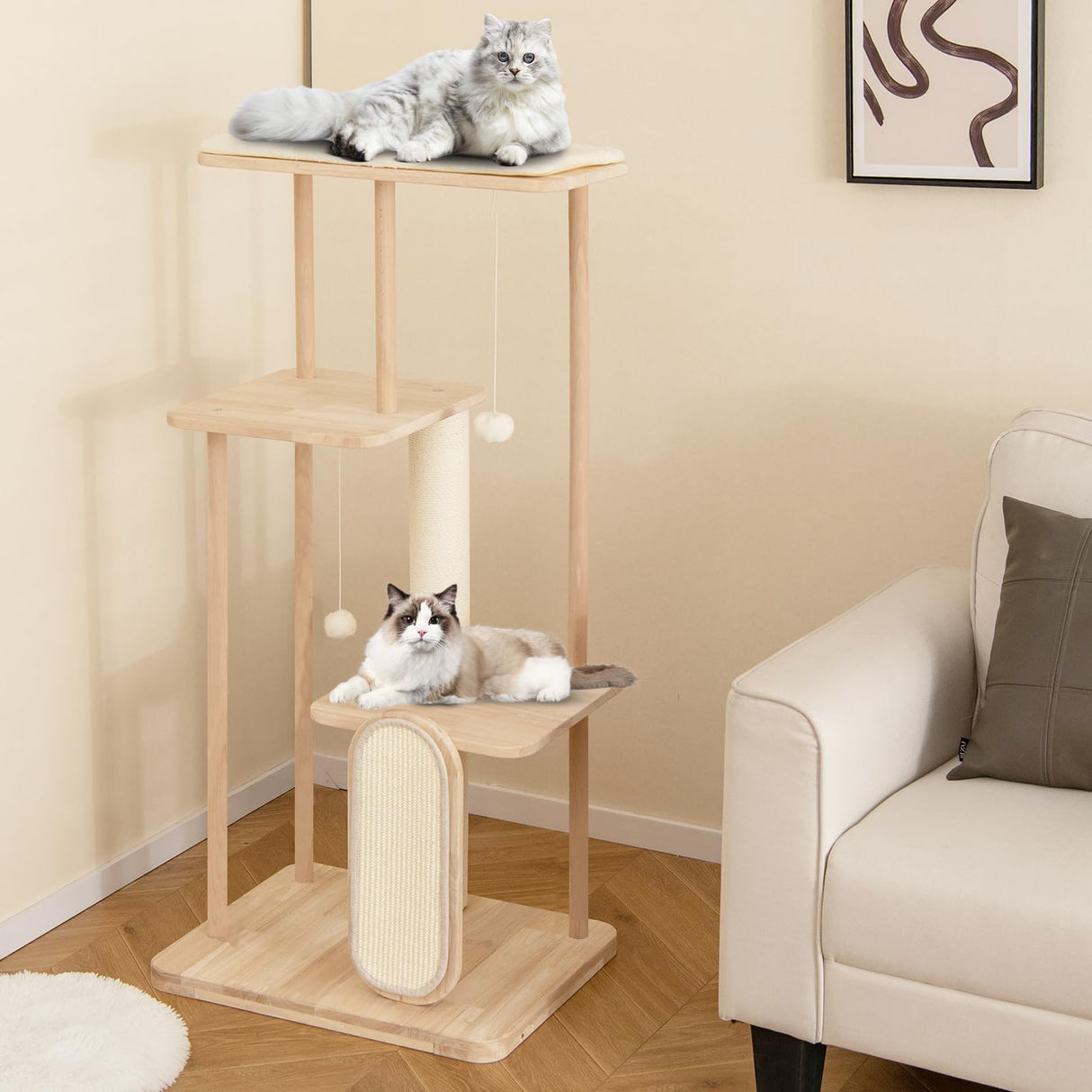 Tangkula Wooden Cat Tree, 50 Inch Tall Cat Tower with Solid Oak & Beech Wood Frame, Scratching Posts & Board, Perch, Pompom Ball, Cat Activity Center, Modern Cat Tree for Indoor Cats Large Adult Tangkula