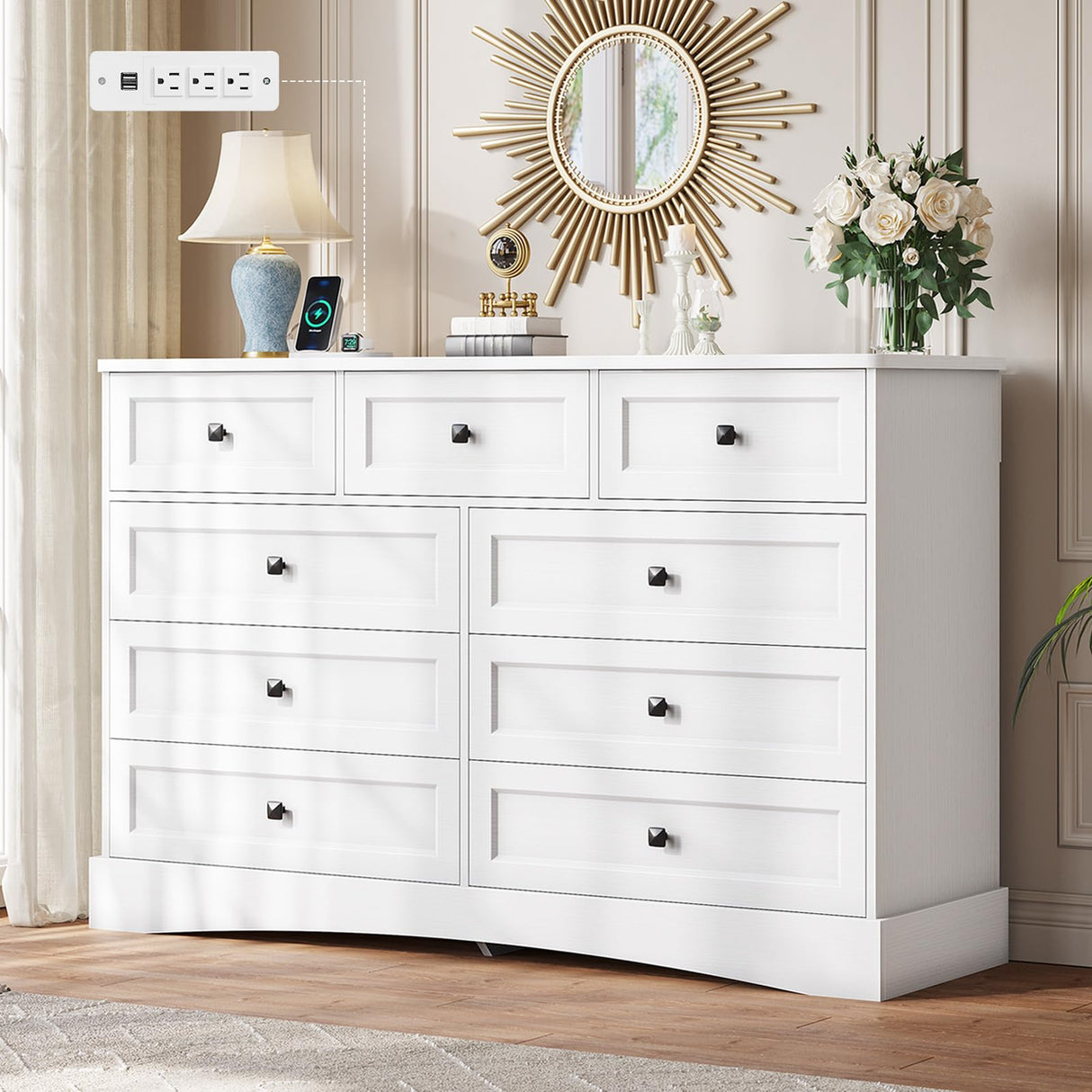 Hasuit White Bedroom Dresser with 9 Drawers, 51.2" Large Drawer Dresser with Charging Station, Wide Farmhouse Dresser Chest of Drawers, Wooden Storage Tower Organizer Dresser for Bedroom, Living Room Hasuit