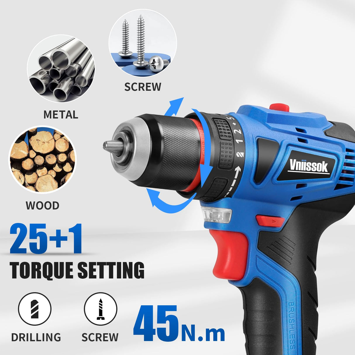 Vniissok Cordless Drill Set,18V Brushless Power Drill Kit with Battery and Charger, 3/8" Keyless Chuck, Variable Speed, Drill Driver Bits Kit for Drilling and Tightening/Loosening Screws Vniissok