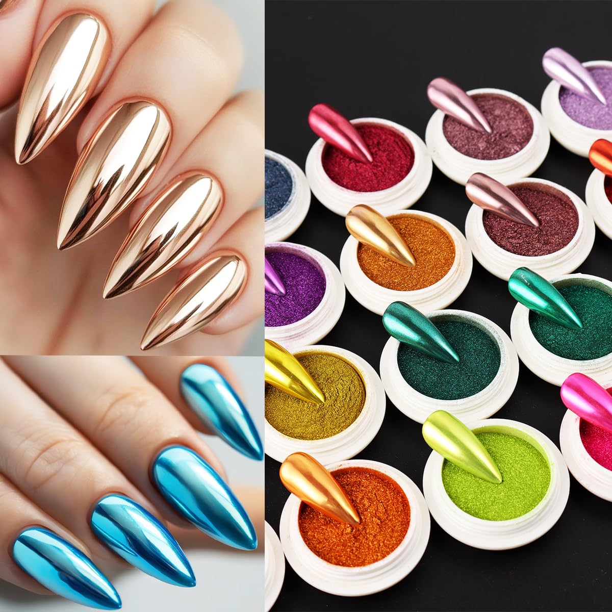 24Pcs Chrome Nail Powder Set - Metallic Mirror Effect Holographic Iridescent Aurora Mermaid Nail Powder Pigment Silver Red Green Gold Nail Chrome Powder for Nails Art Decoration(24 Eye Shadow Sticks) SUTOZMIWE