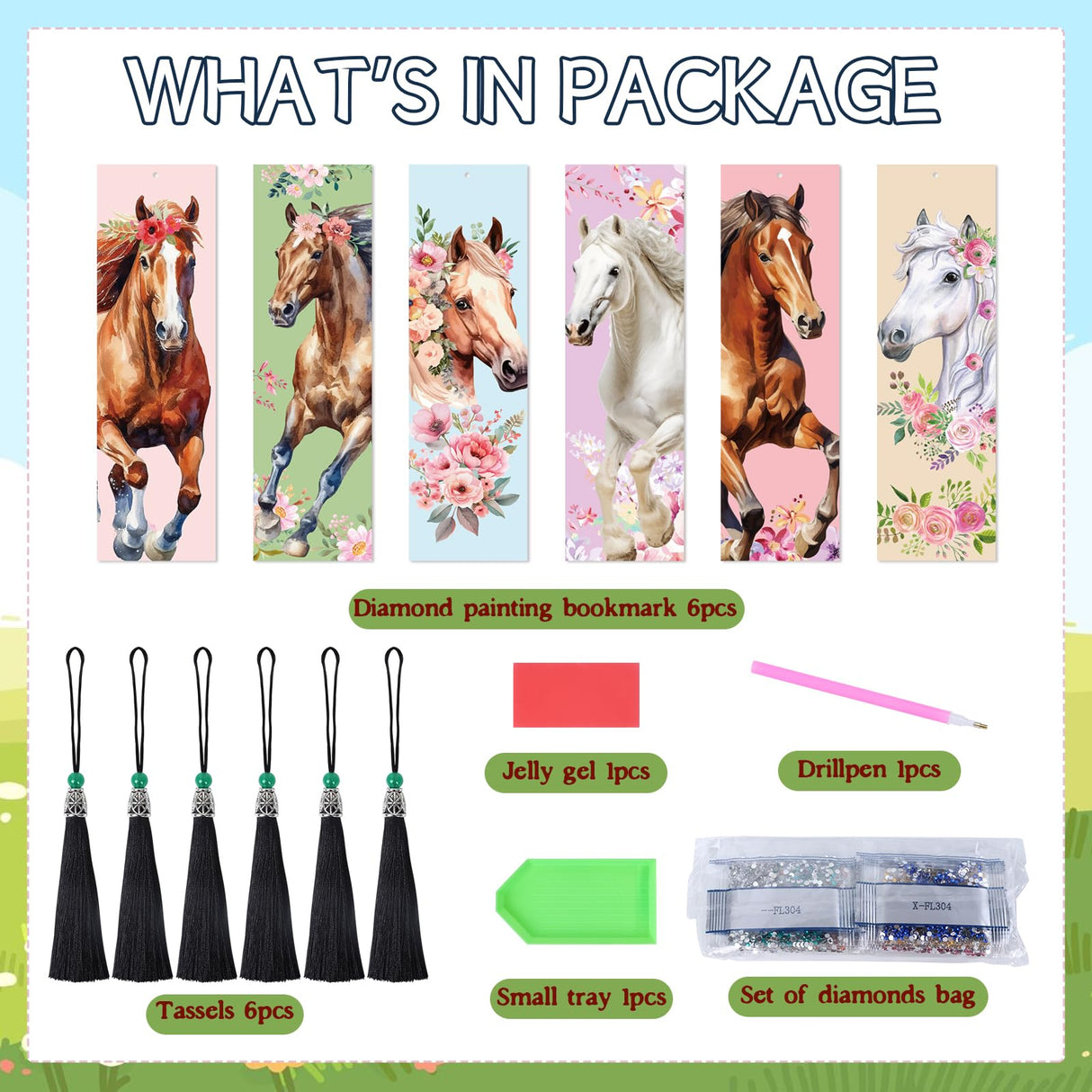 Sitsink Diamond Horse Art Kits - 6 Pc Diamond Painting Bookmarks with Tassels, Acrylic Book Markers for Adults, Horse Lover Gifts Sitsink