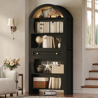 STHYTON 70.3" Tall Arched Bookshelf, 6-Tier Book Shelf with LED Lights, Farmhouse Arched Bookcase with Open Shelves and Drawer, Freestanding Display Rack, for Living Room, Study, Home Office, Black