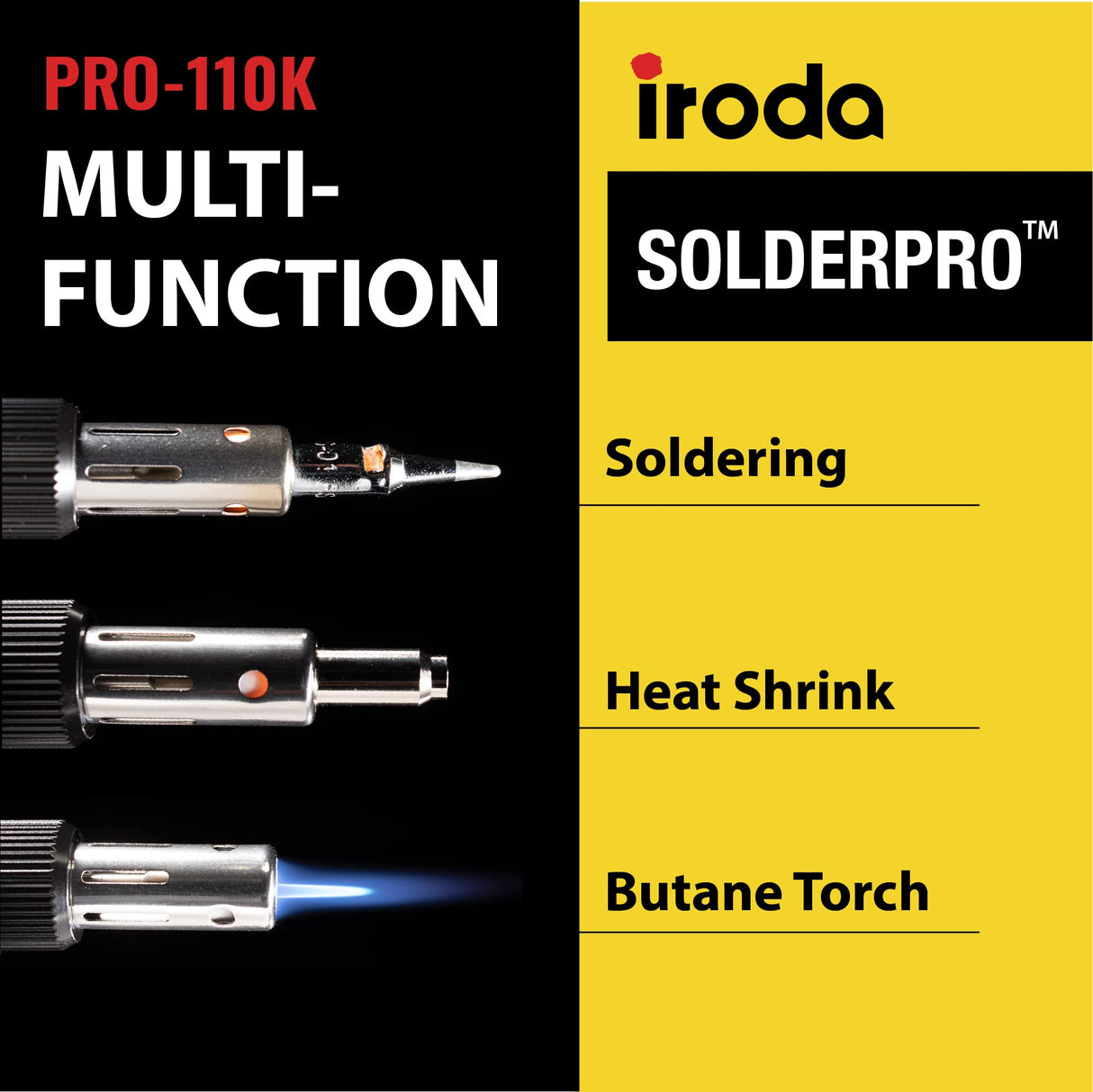 IRODA SOLDERPRO 110K Cordless Butane Soldering Iron Kit - 4-in-1 Portable Soldering Iron, Mini Torch, Heat Gun, Precision Heat Blower, 30-125W Adjustable, 100+ Min Runtime Iroda