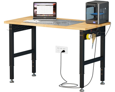SPECRAFT Adjustable Heavy Duty Workbench with 4 AC Outlet and 2 USB Ports Power Outlets, 2000 Lbs Capacity, Rubber Wood Top for Garage, Workshop, Office