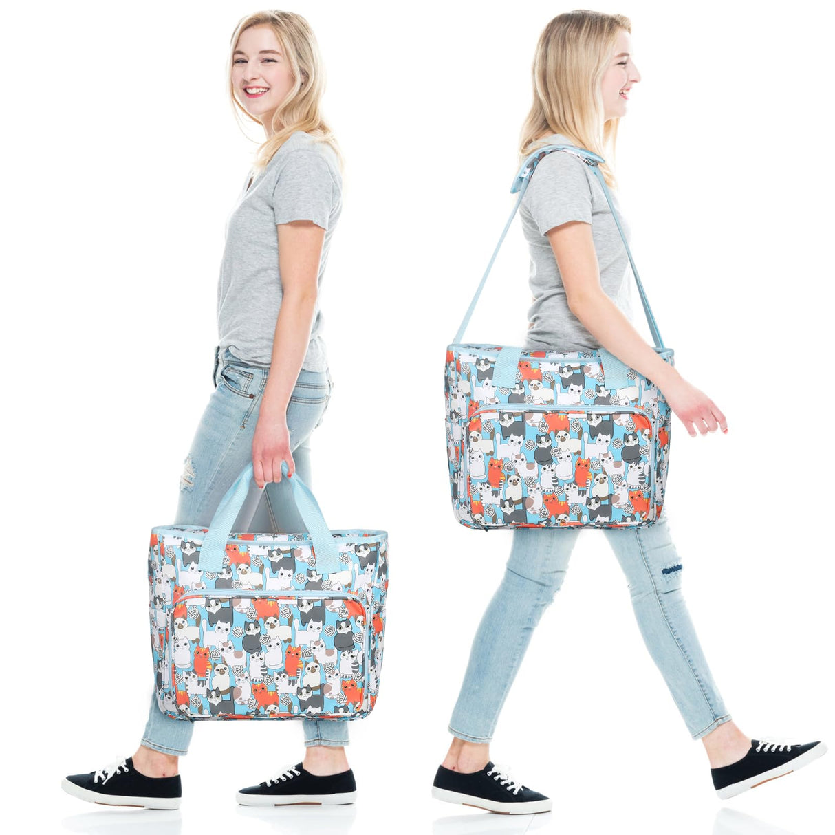 Aeelike Yarn Storage Organizer Travel Crochet Bag, Large Capacity Tote Bag Knitting Bag for Carrying Projects, Knitting Needles, Crochet Hooks and Yarn, Cute Blue Cat Aeelike