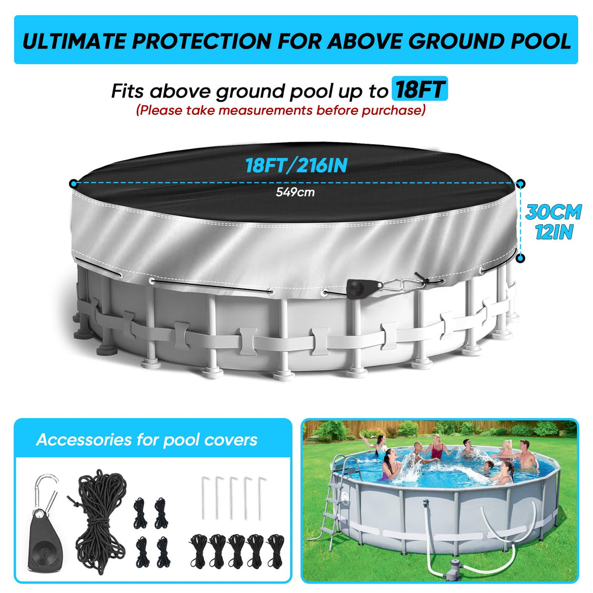 NEVERLAND Winter Pool Cover 18FT Round - Heavy-Duty 420D Oxford Above Ground Swimming Pool Cover, Debris-Proof, Cold-Resistant & UV-Resistant with Upgraded Adjustable Tensioner, Black/Sliver NEVERLAND