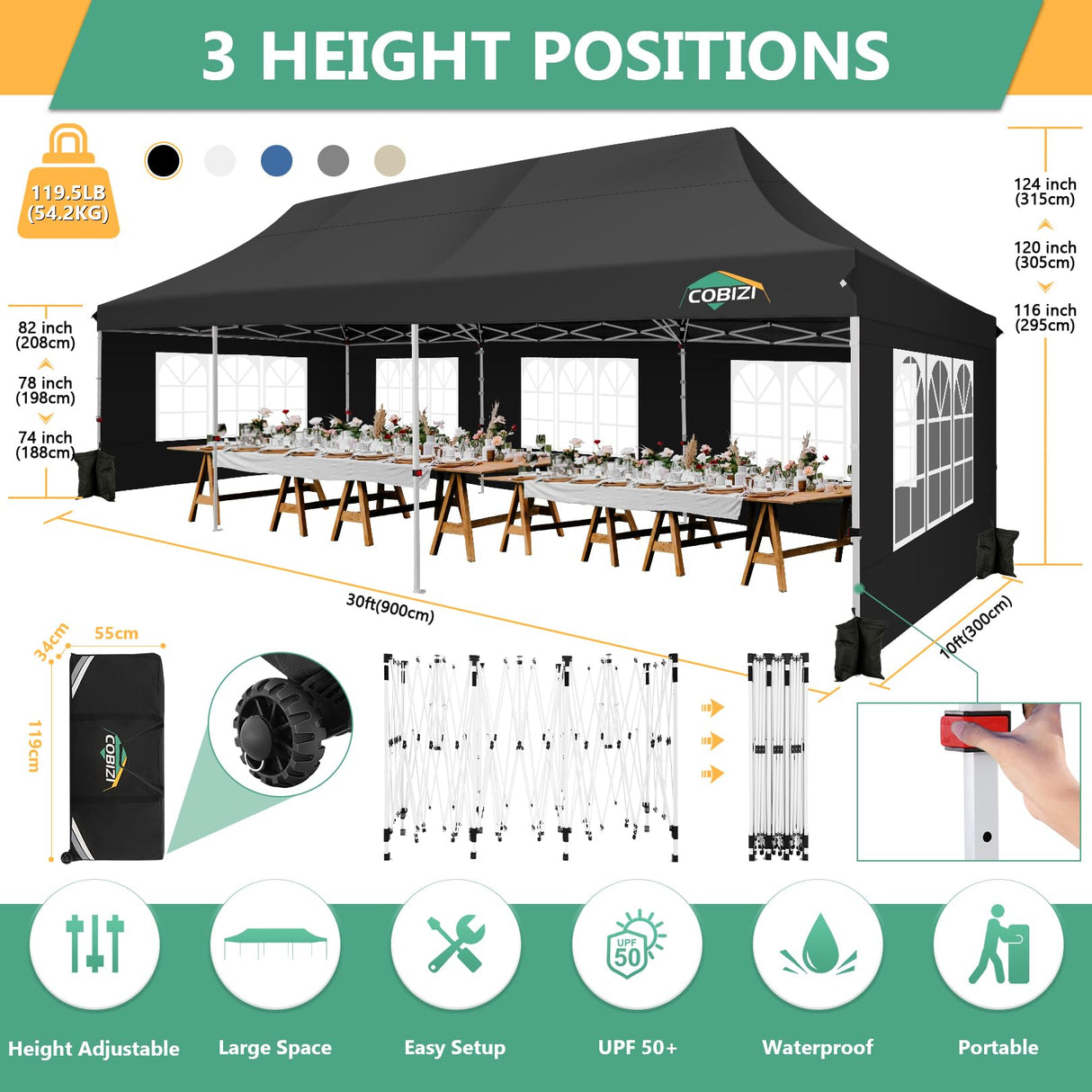 COBIZI 10x30 Pop Up Canopy Tent with 8 Removable Sidewalls Ez Pop Up Party Tent 10x30 Waterproof Instant Shelter UPF50+ Outdoor Canopy Tent for Parties Wedding Events,with Roller Bag&4 Sandbags,Black COBIZI