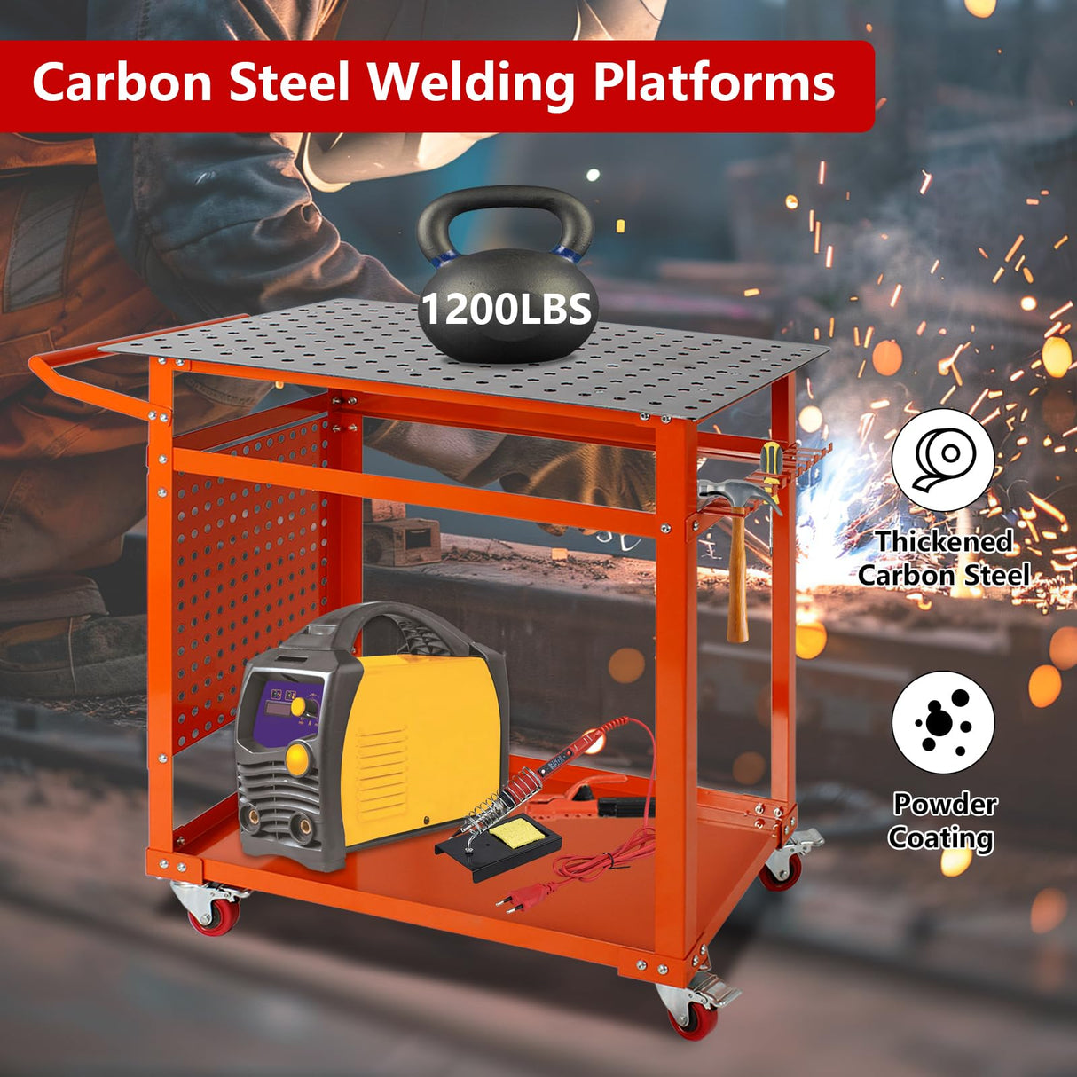 Welding Table Welding Cart 32''×24'',1200lbs Load Capacity Industrial Workbench with 5/8'' Holes Fixture Table with Wheels SGOLAN