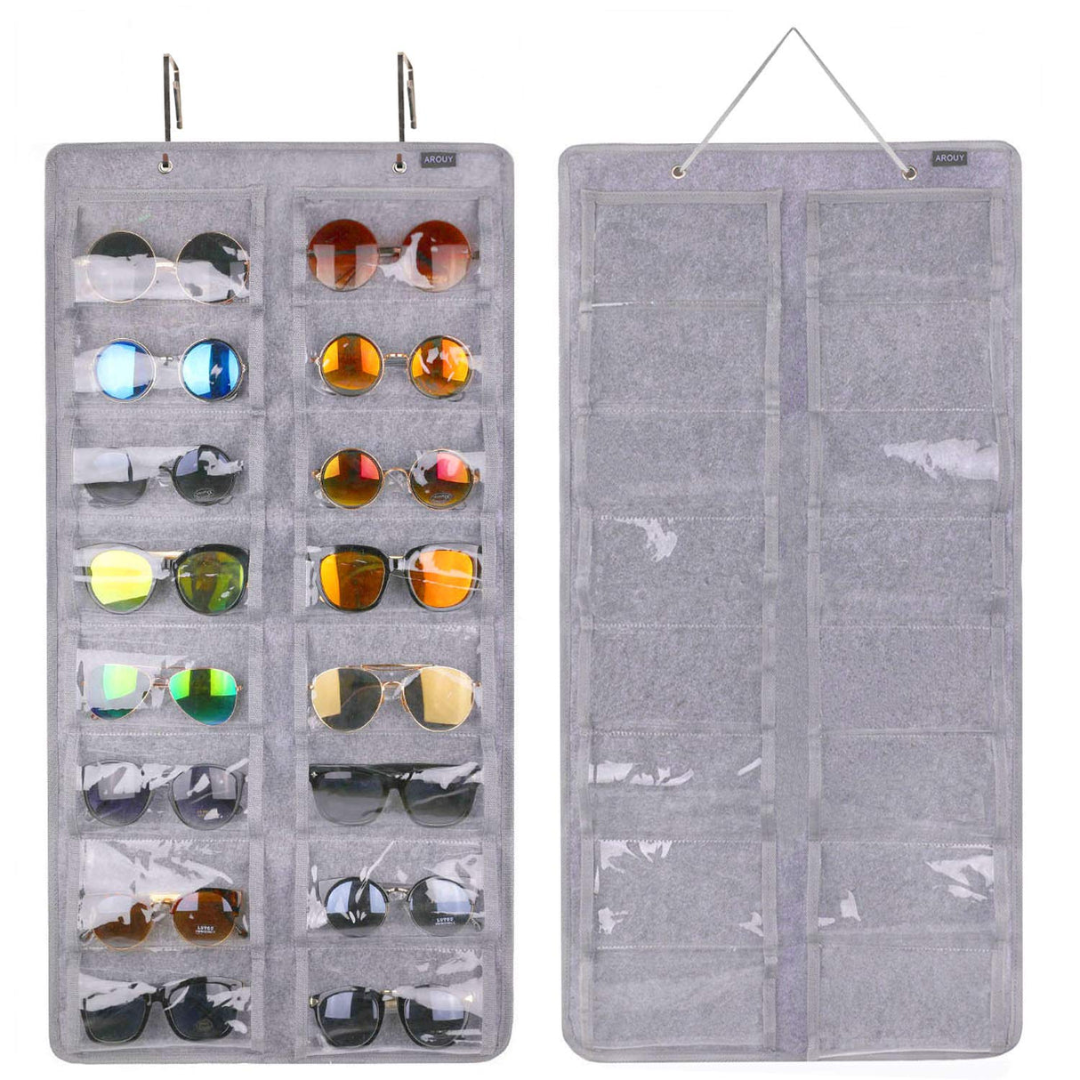 AROUY Sunglasses Organizer Storage, Hanging Dust Proof Wall Pocket Glasses Organizer - 16 Felt Slots Sunglass Organizer Holder with Metal Hook and Sturdy Rope (Gray, Dust Proof) AROUY